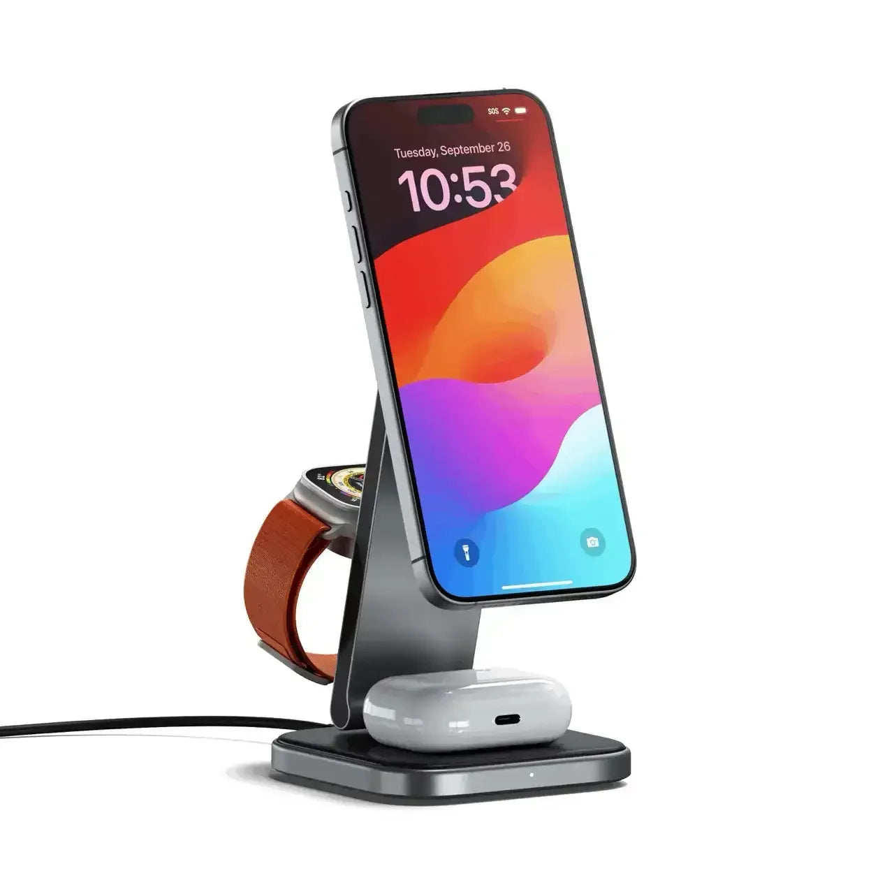 3w1 składana ładowarka bezprzewodowa Qi2 na smartfon, smartwatch i słuchawki, biurko