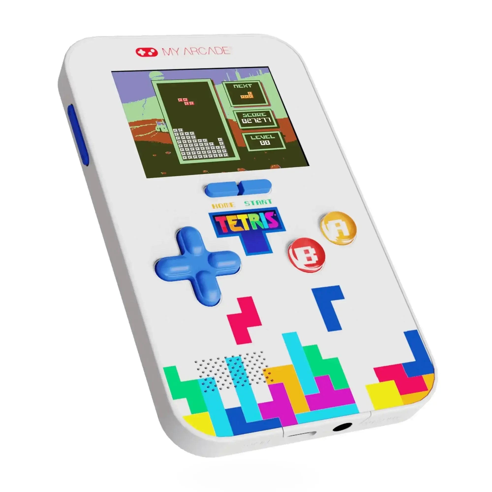 Konsola retro do gier Tetris, biała, kolorowe przyciski i ekran LCD.