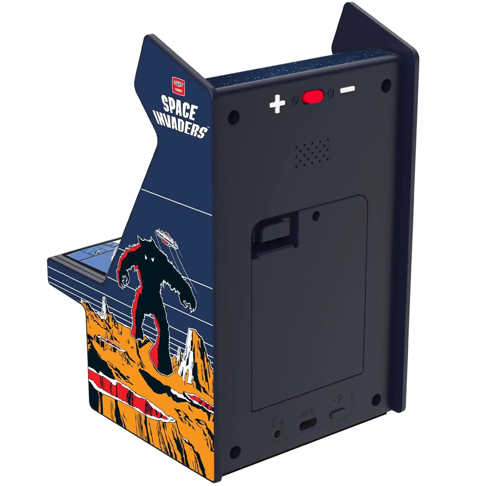 Miniaturowy automat arcade Space Invaders z grafiką retro, idealny do biura i domu