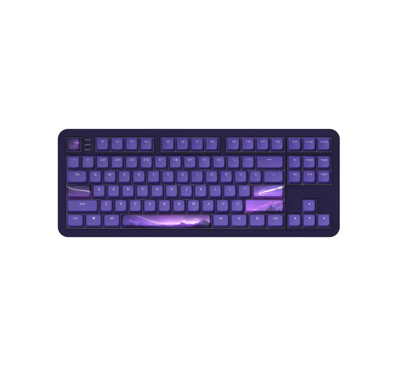Fioletowa klawiatura mechaniczna z motywem gór i personalizowanymi keycapami