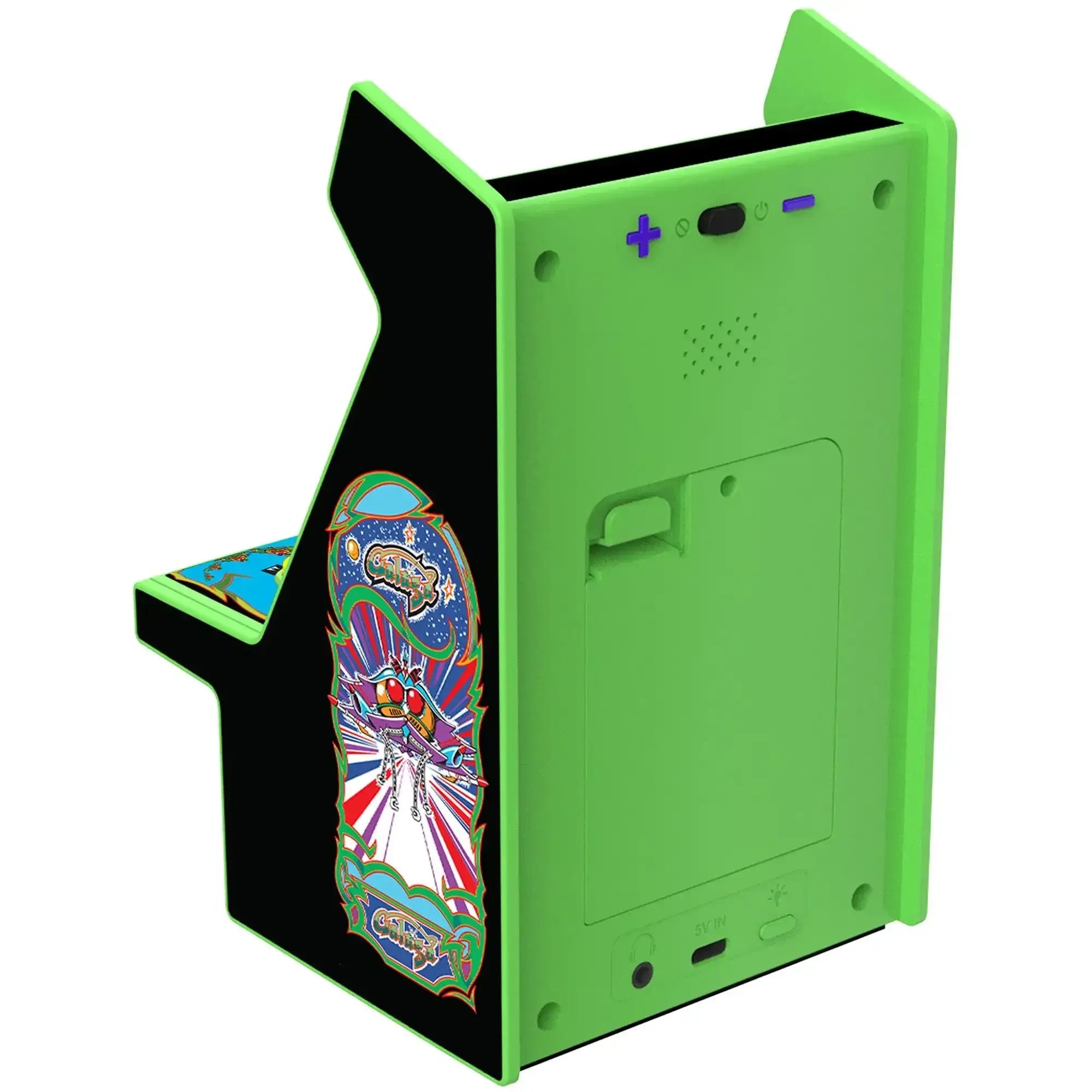 Zielony mini automat arcade z kolorową grafiką kosmiczną, widok z tyłu