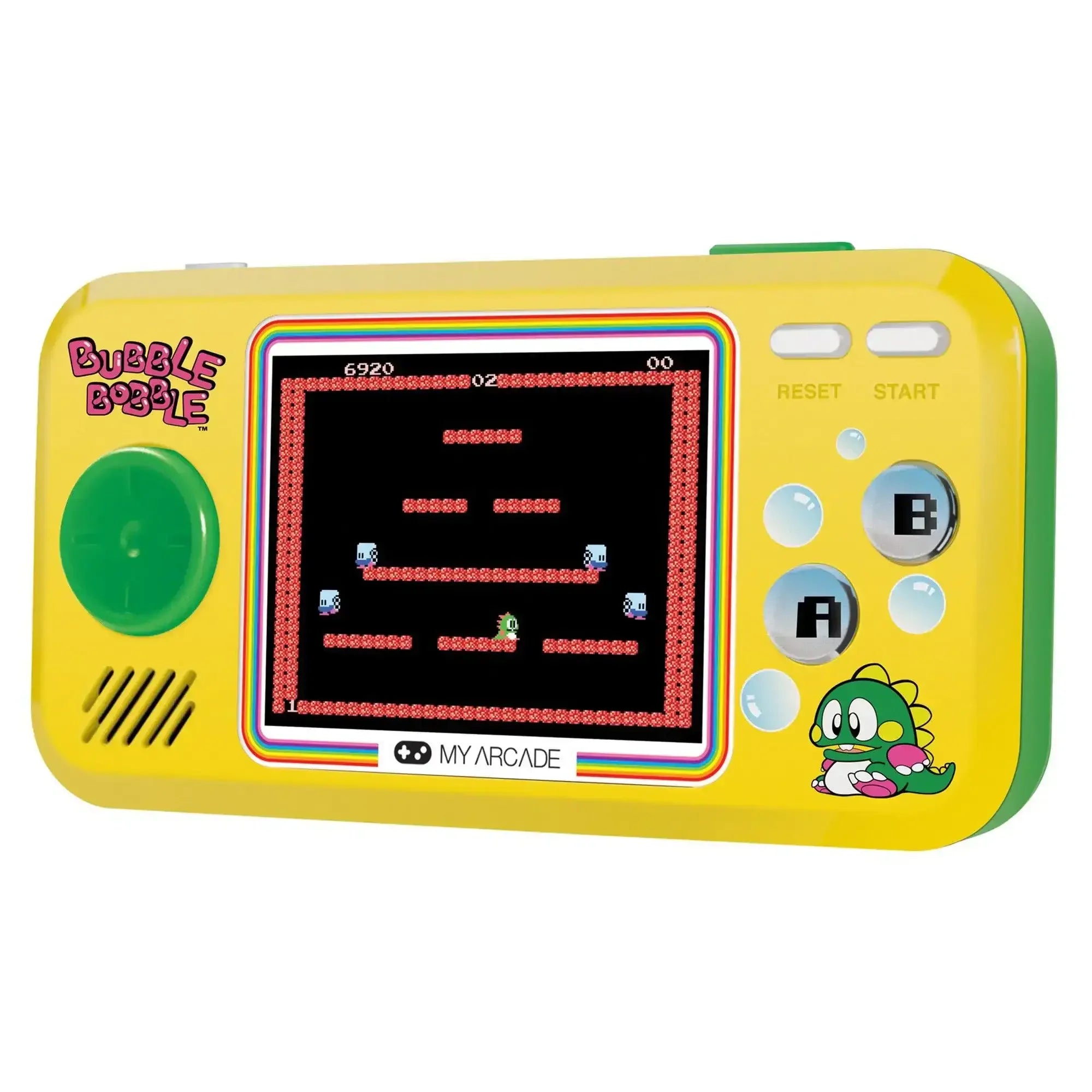 Żółta konsola do gier retro Bubble Bobble z ekranem LCD i przyciskami sterującymi