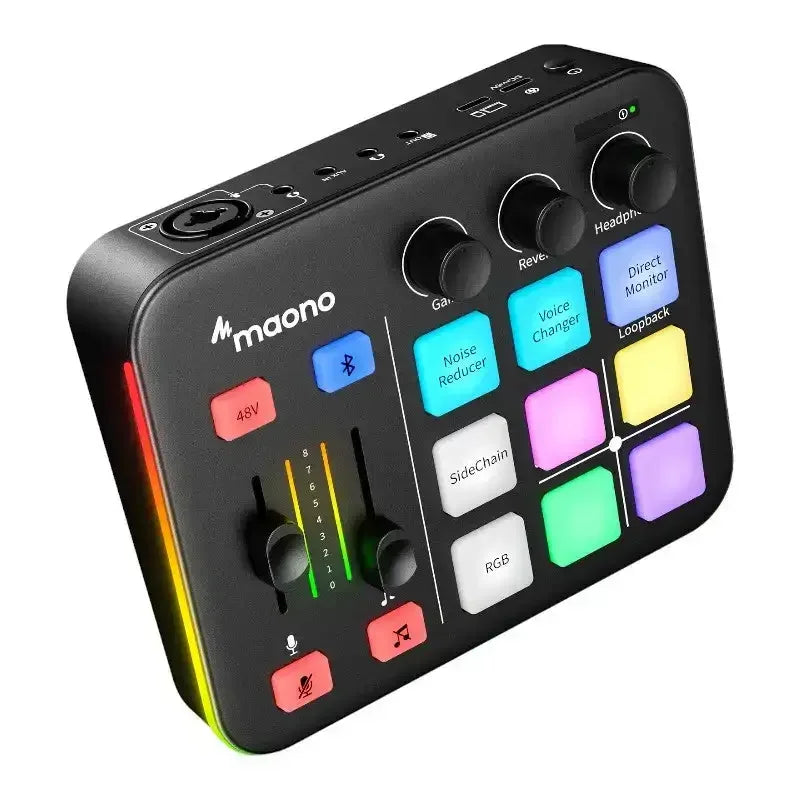 Konsola audio Maono z podświetlanymi przyciskami, pokrętłami i suwakami do biura lub home office.