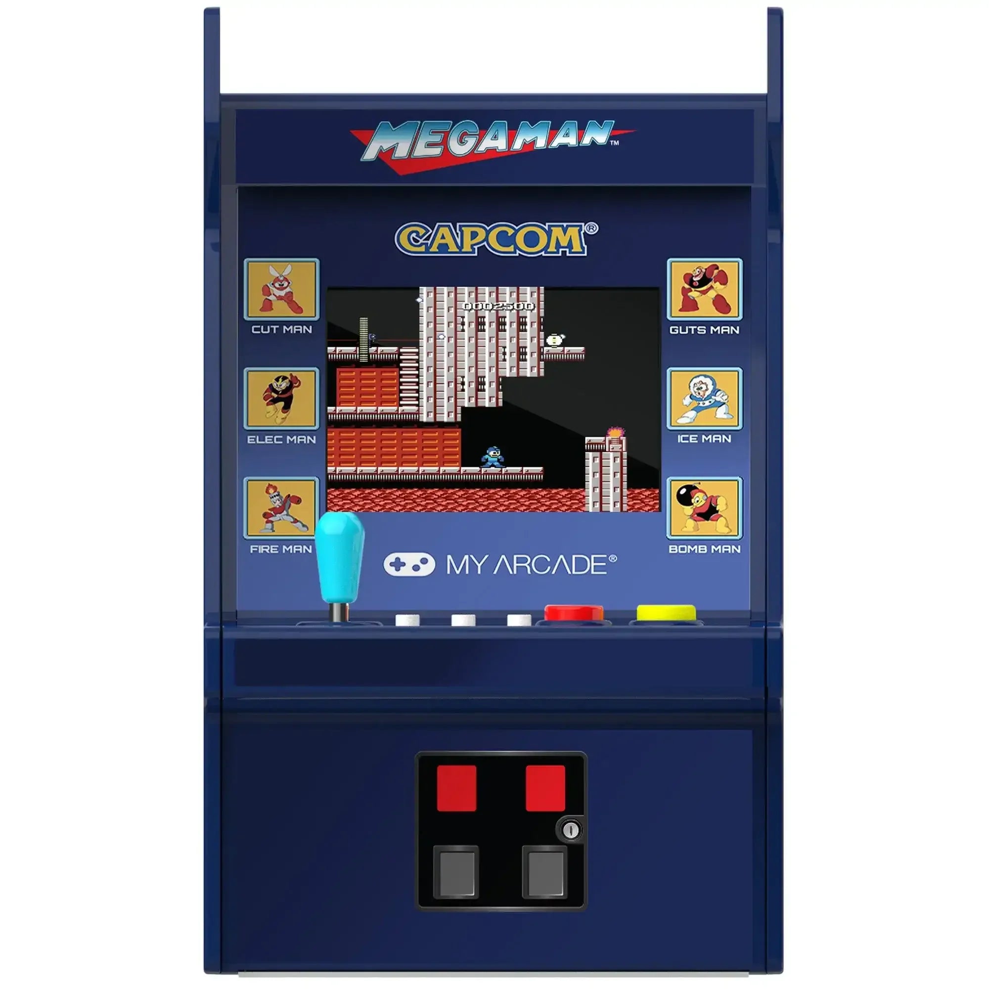 Niebieski automat arcade z grą retro Mega Man, joystickiem i klasycznymi przyciskami.