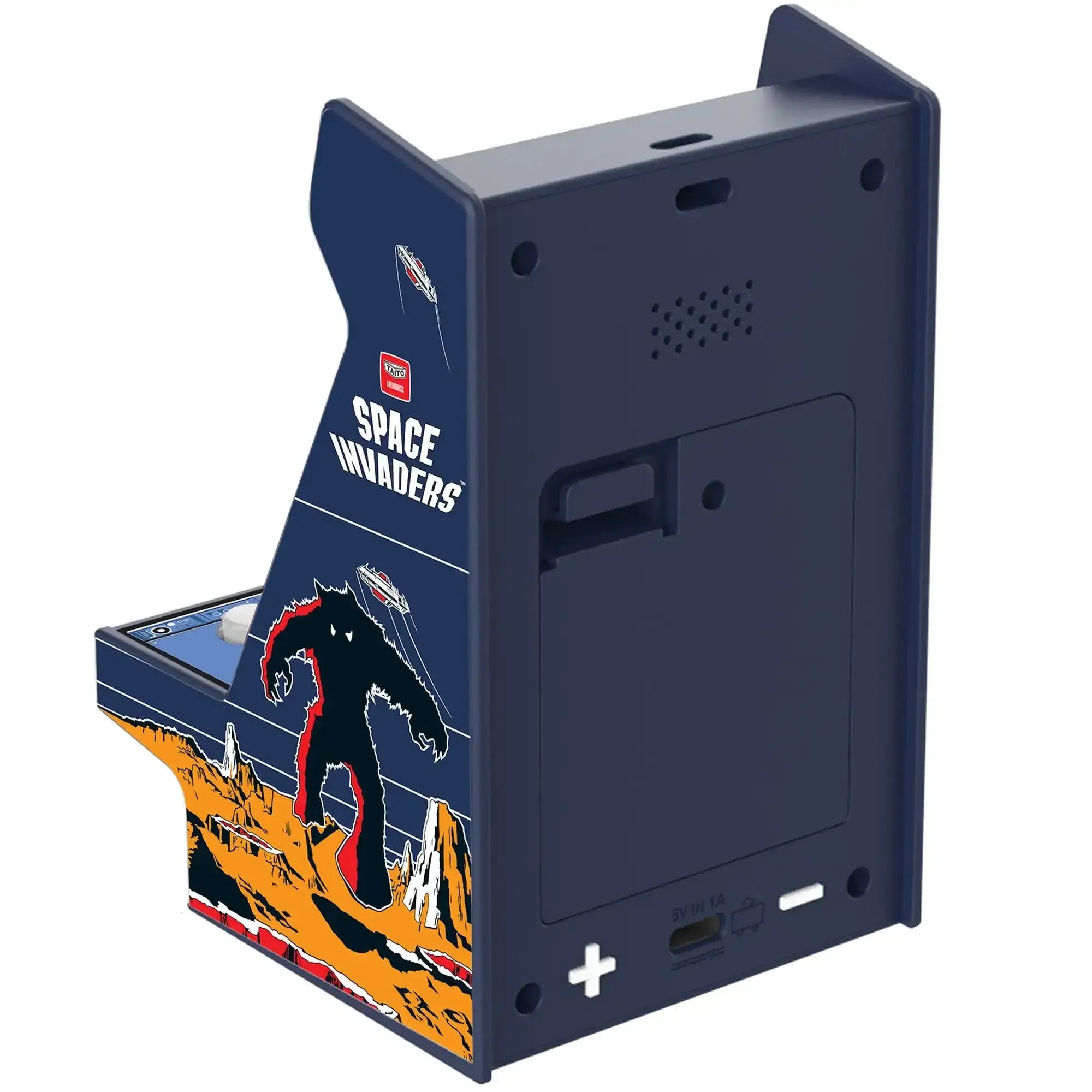 Miniaturowy automat arcade Space Invaders w kolorze granatowym, retro gadżet biurowy