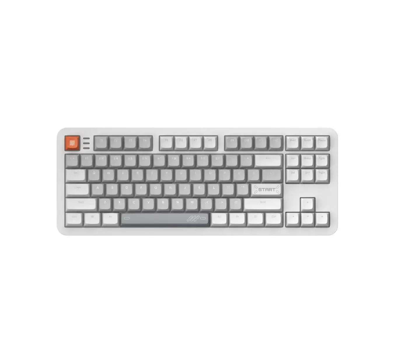 Klawiatura mechaniczna TKL z szarymi i białymi keycapami, pomarańczowy przycisk w rogu