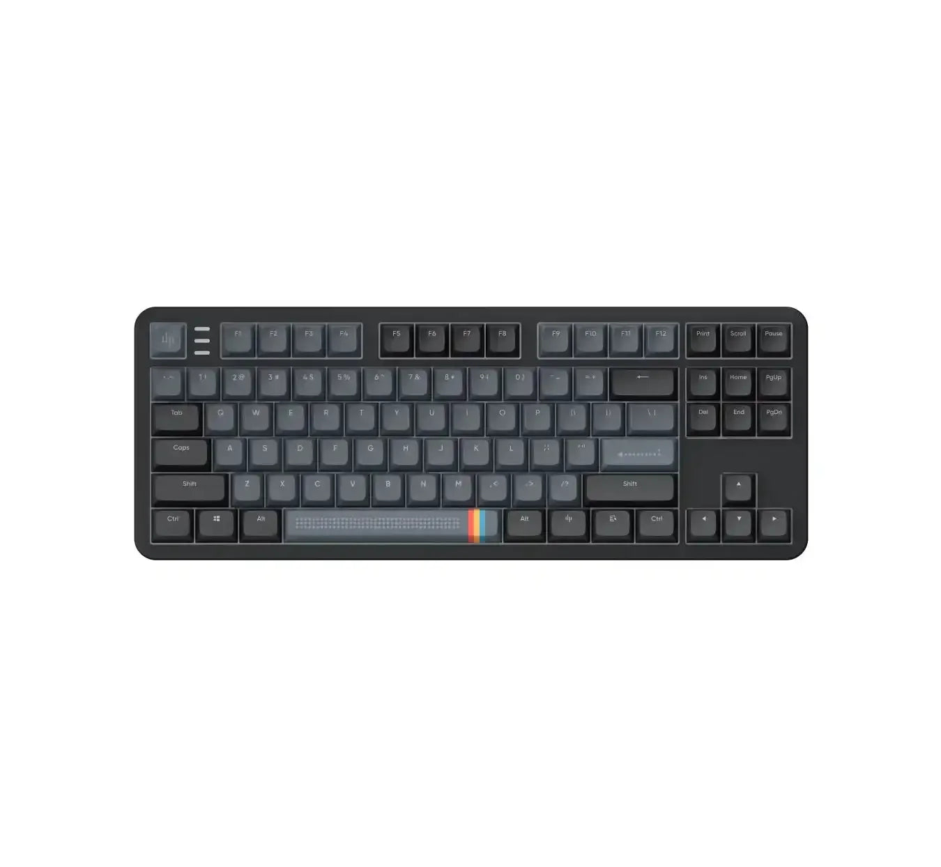Czarna klawiatura mechaniczna z szarymi keycapami i kolorowym paskiem na spacji, idealna do biura.