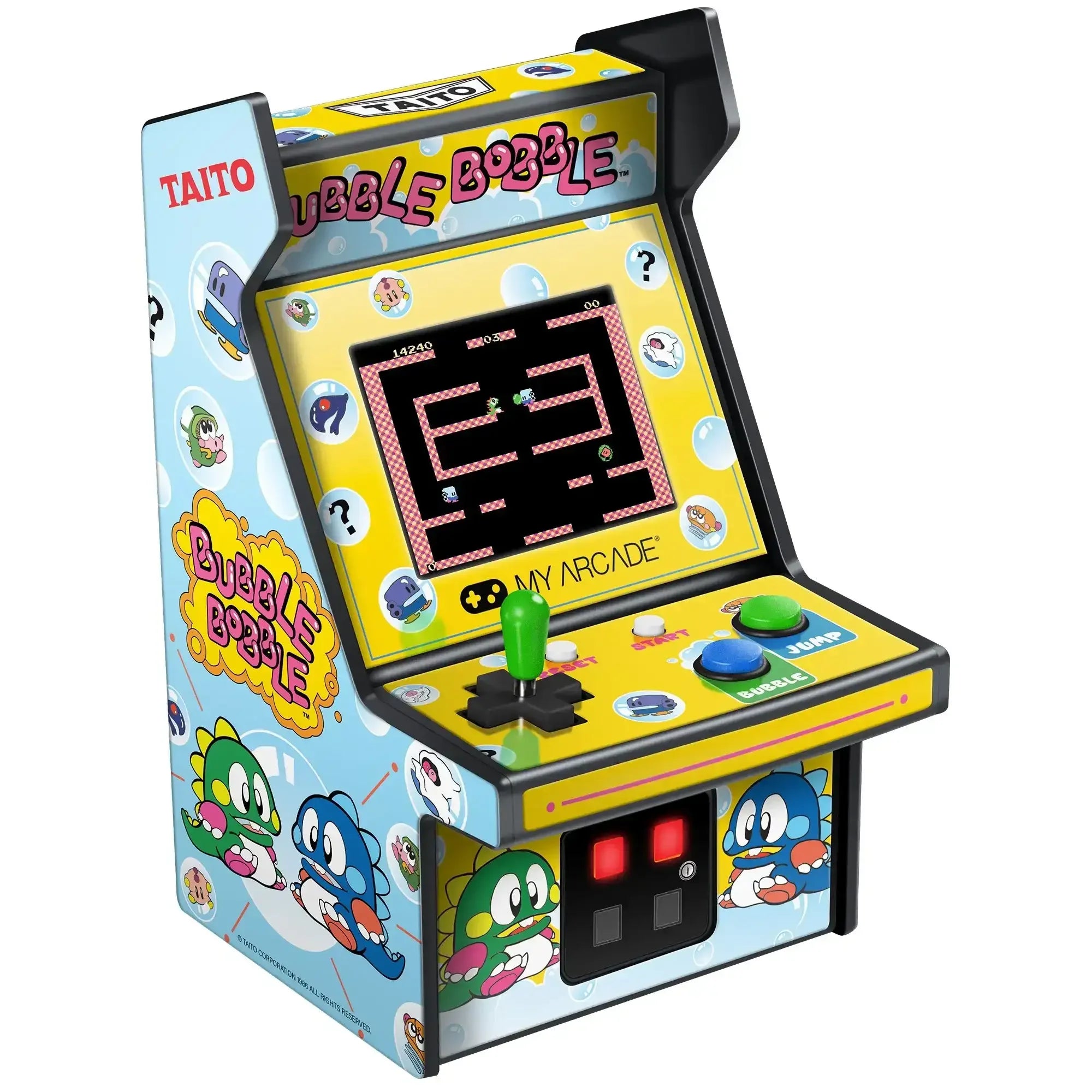 Miniaturowy automat arcade Bubble Bobble z joystickiem, kolorowymi przyciskami i grafiką retro