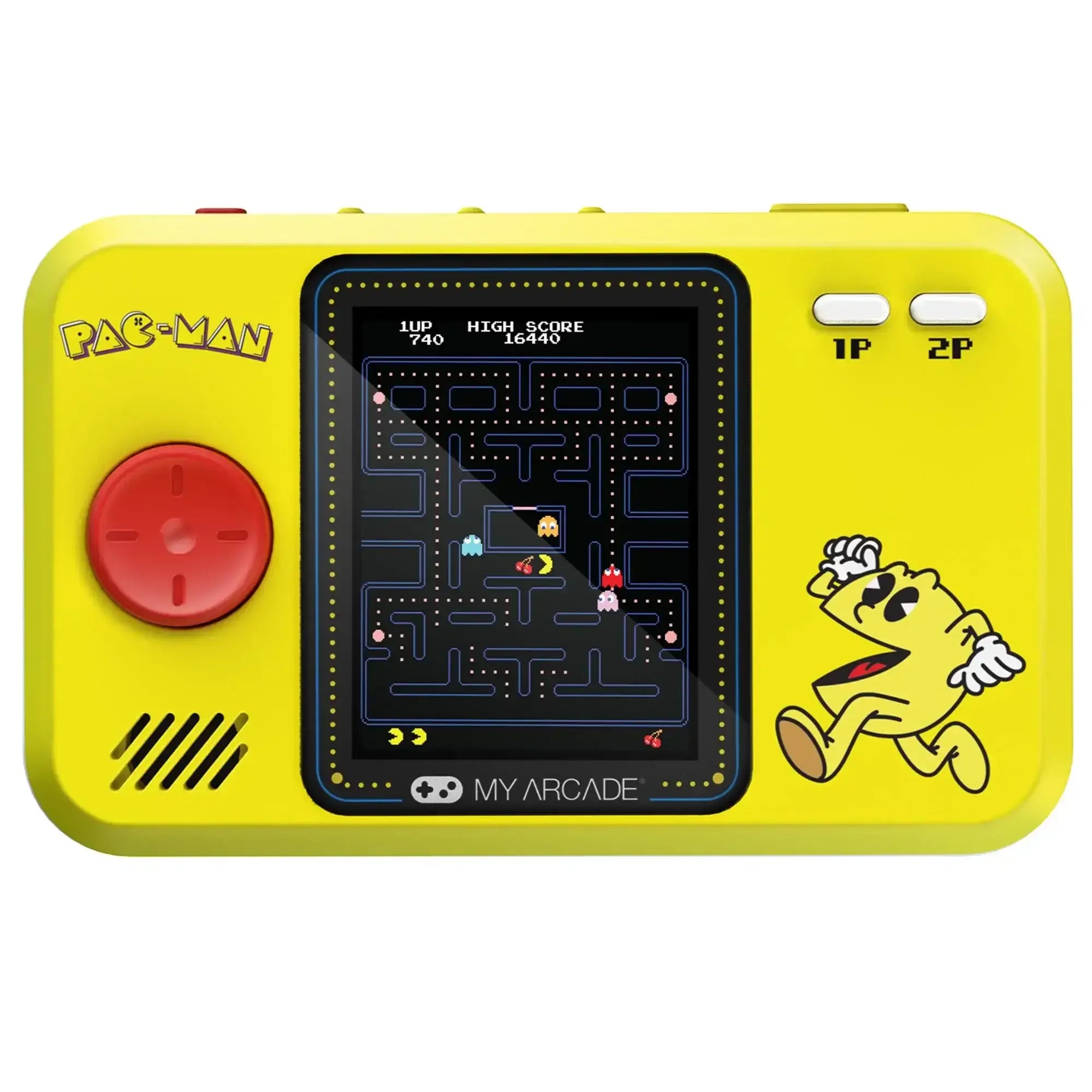 Żółta przenośna konsola retro z grą Pac-Man, czerwony przycisk, ekran LCD.