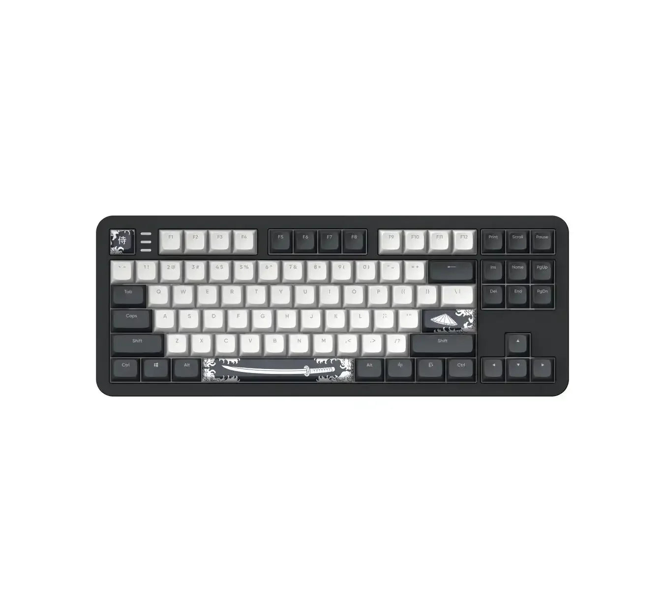 Czarna klawiatura mechaniczna z białymi keycapami oraz motywem miecza na spacji, idealna do biura.