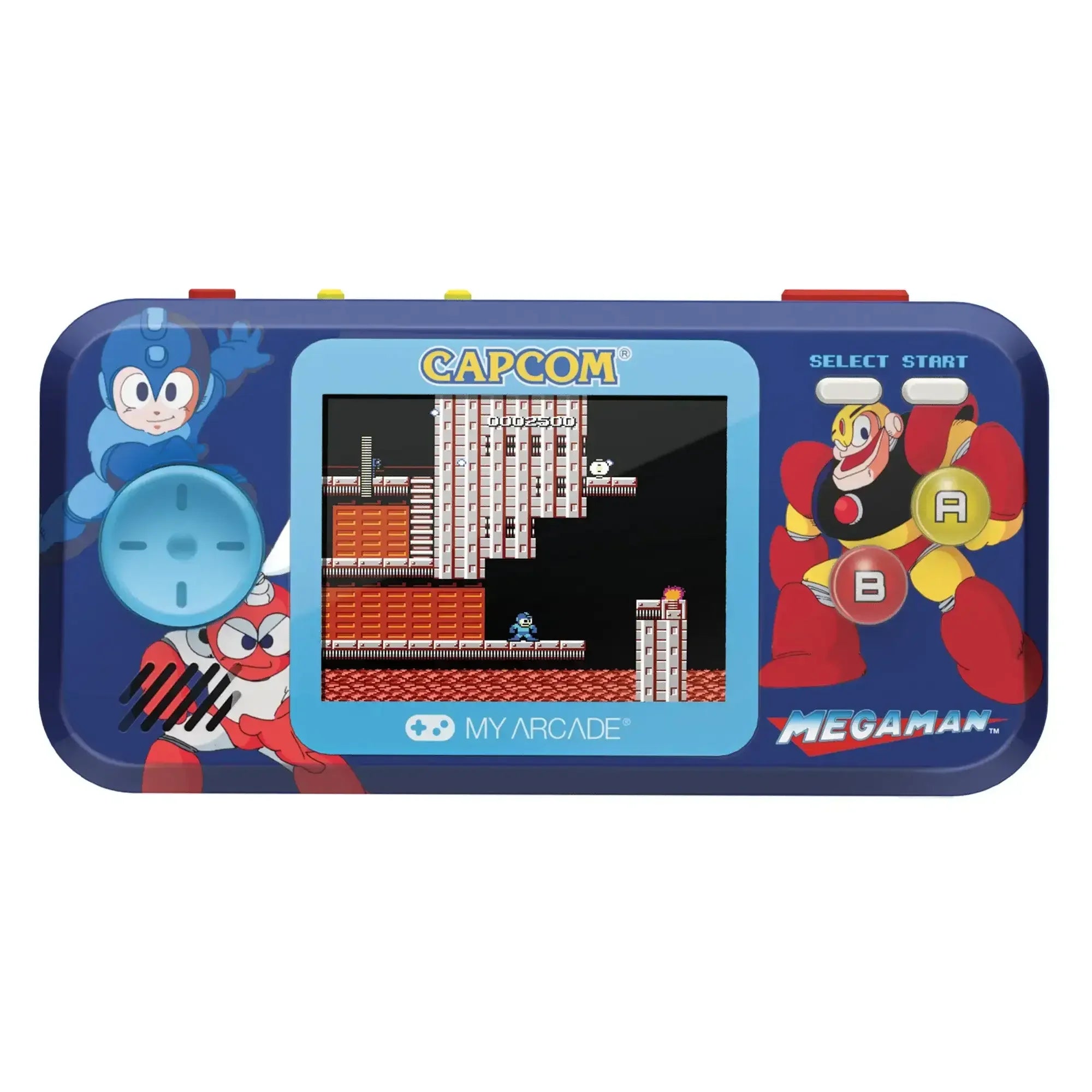 Kieszonkowa konsola do gier retro z motywem Mega Man, wyświetlacz LCD, niebieska obudowa.