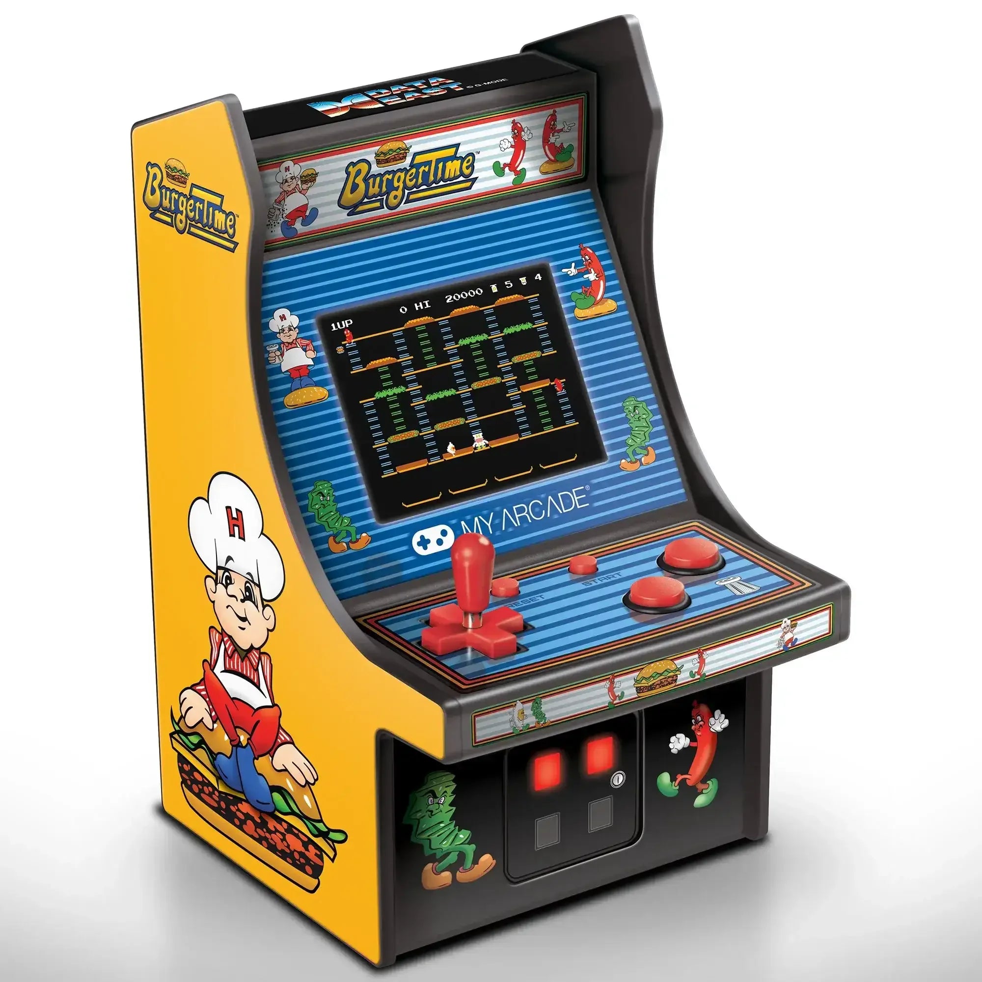 Miniaturowy automat arcade BurgerTime z joystickiem i kolorową grafiką retro