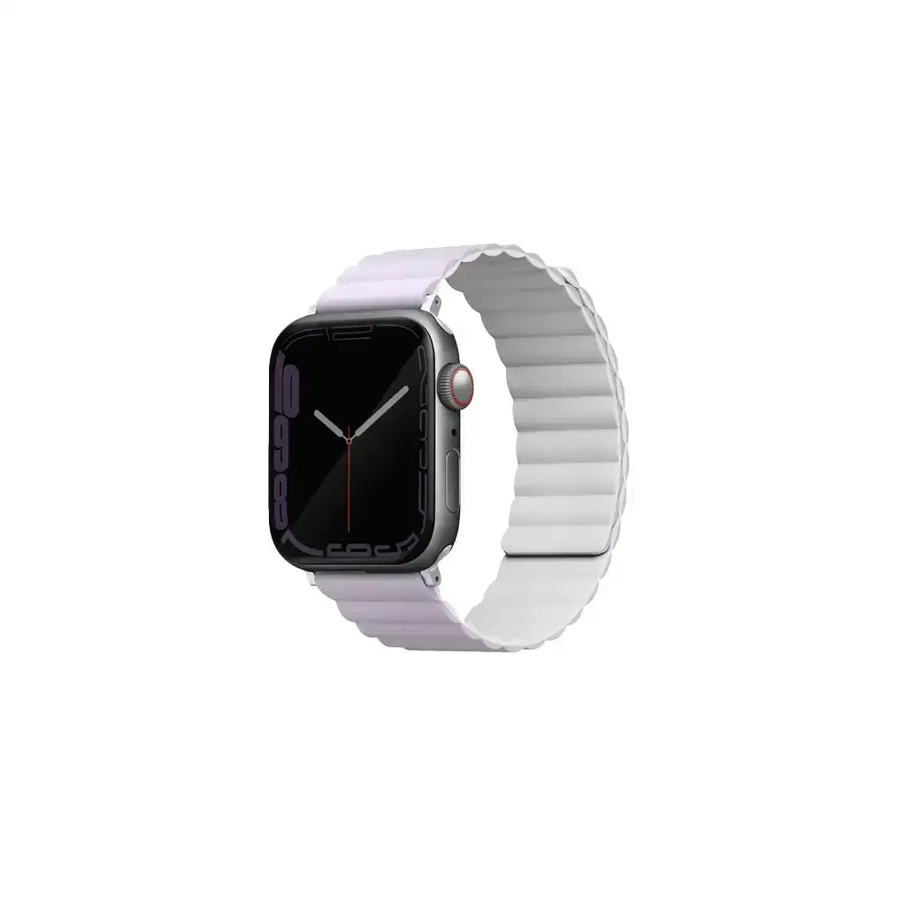 Smartwatch z białym paskiem magnetycznym, minimalistyczny design na białym tle