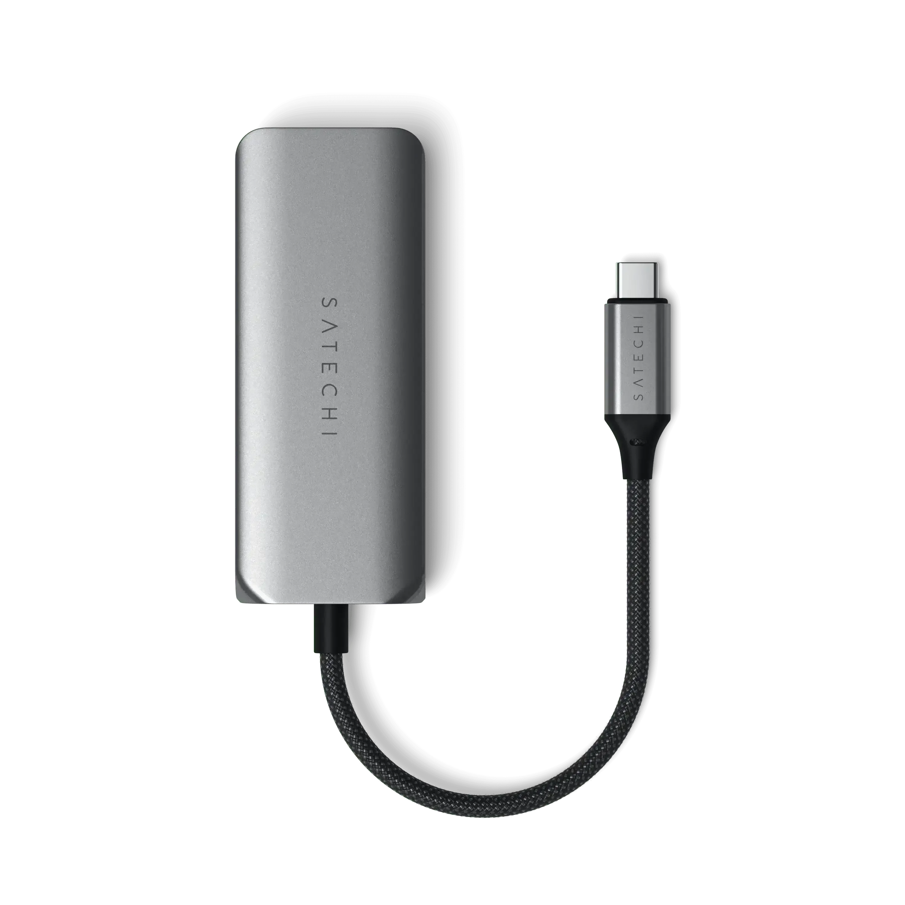 Srebrny hub USB-C z kablem, akcesorium biurowe do laptopa, złącze typu C
