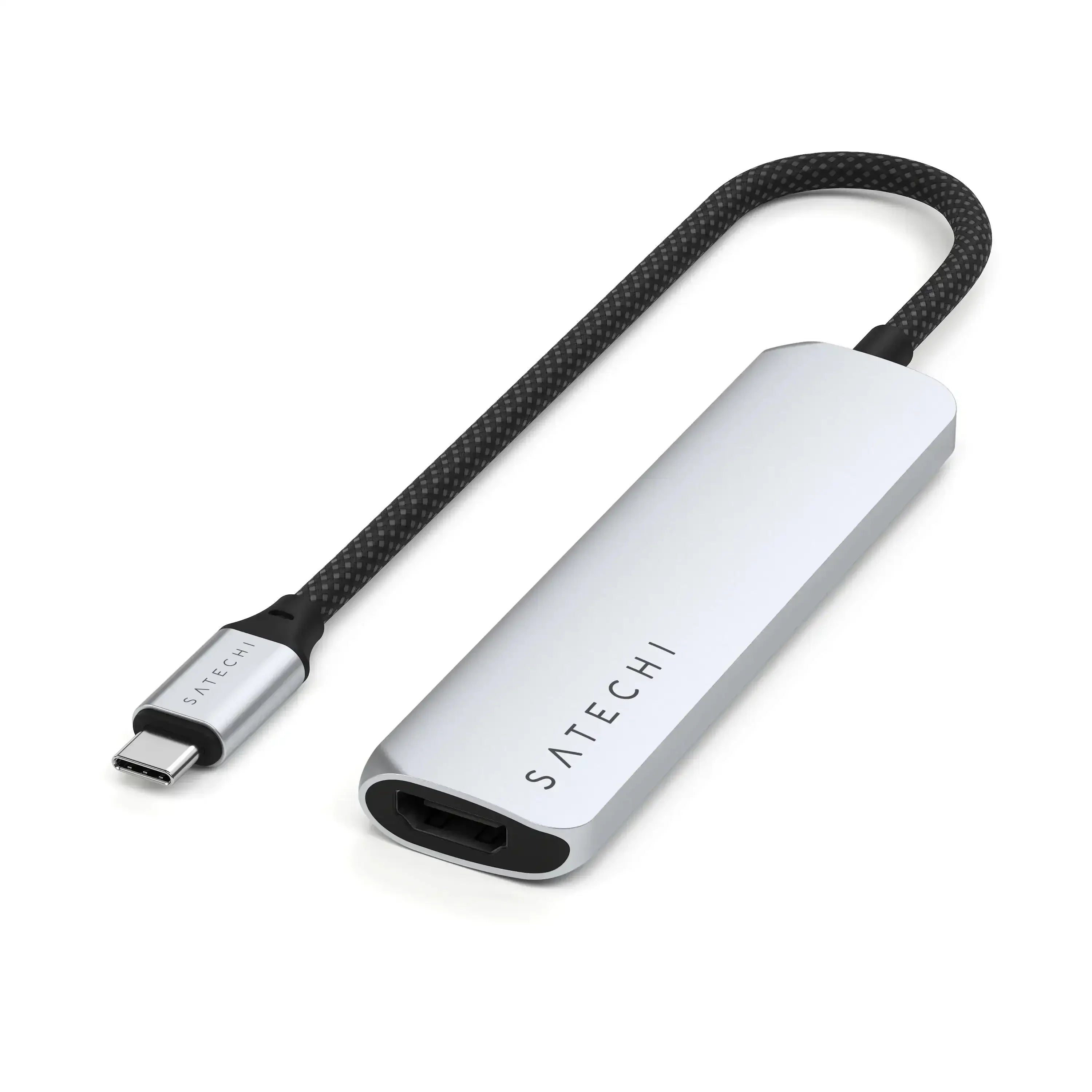 Srebrny adapter USB-C multiport 4w1 z kablem, minimalistyczny design biurowy