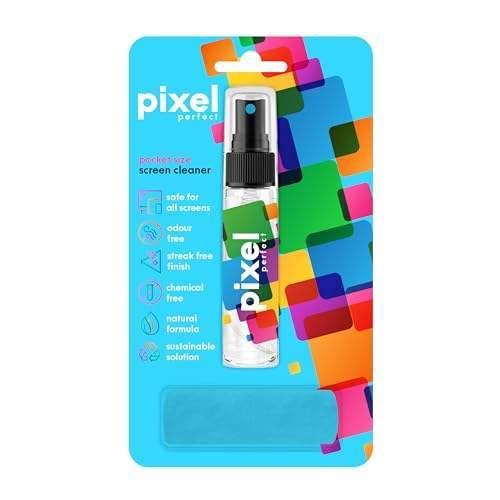 Spray do czyszczenia ekranu Pixel Perfect z mikrofibrą, bez chemii, na kolorowym tle