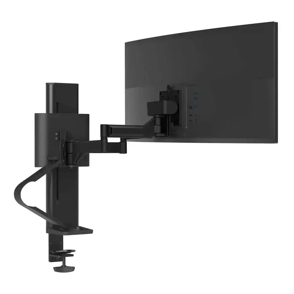 Czarny uchwyt biurkowy do monitora z regulacją i portami USB, idealny do home office