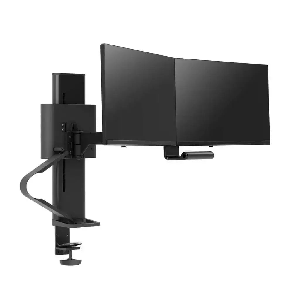 Czarny uchwyt biurkowy na dwa monitory, regulowany do nowoczesnego biura home office