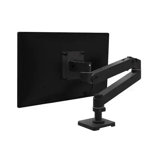 Czarny uchwyt biurkowy do monitora, metalowy regulowany stojak na ekran do home office.