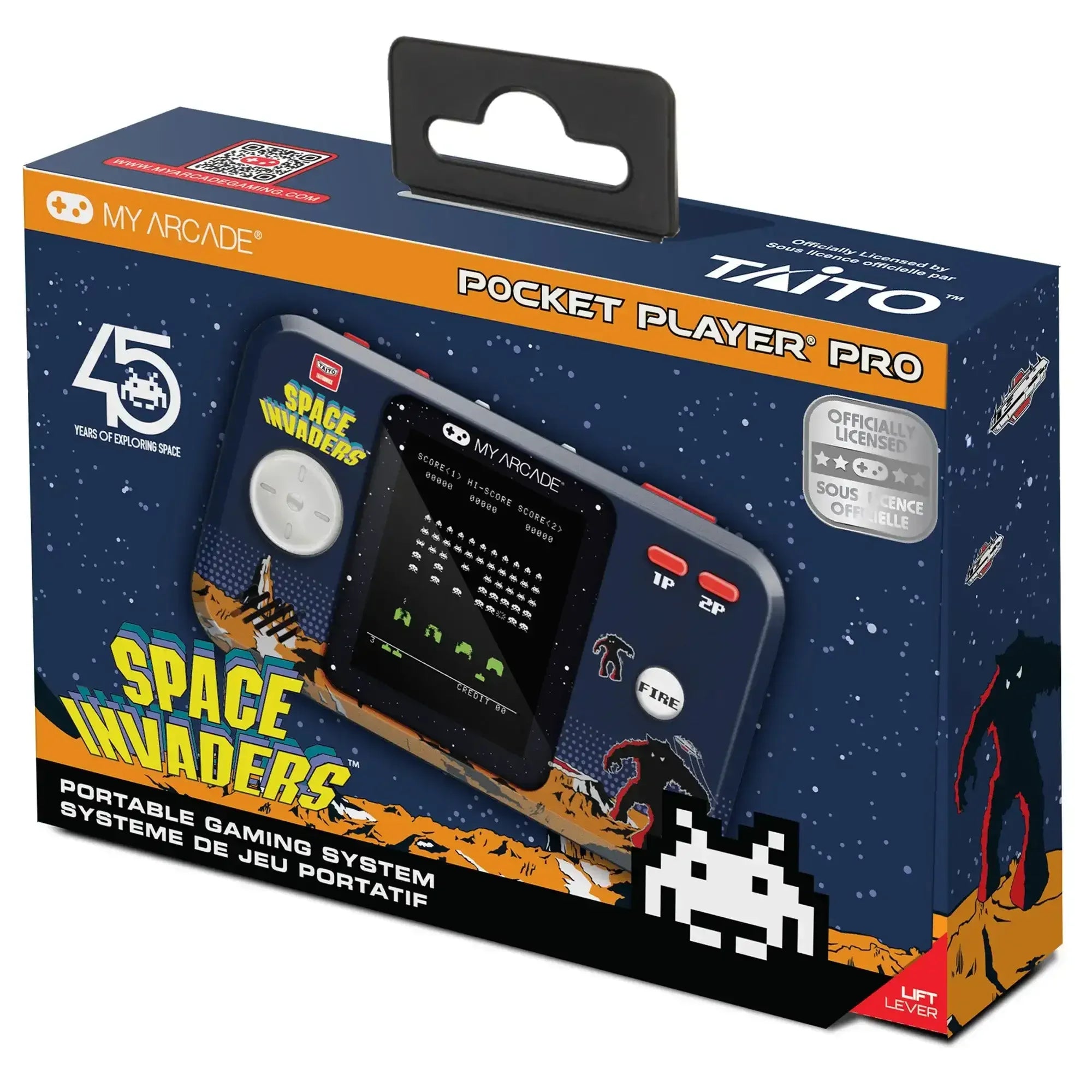 Konsola przenośna do gier retro Space Invaders, opakowanie z charakterystycznym motywem gry arcade.