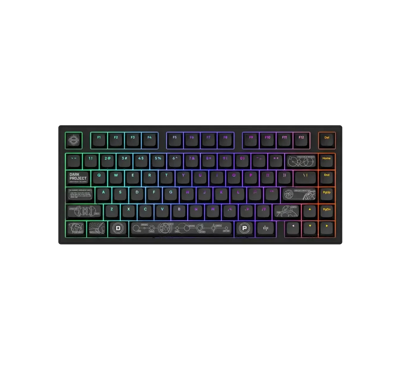 Czarna klawiatura mechaniczna RGB z kolorowym podświetleniem i niestandardowymi keycapami.