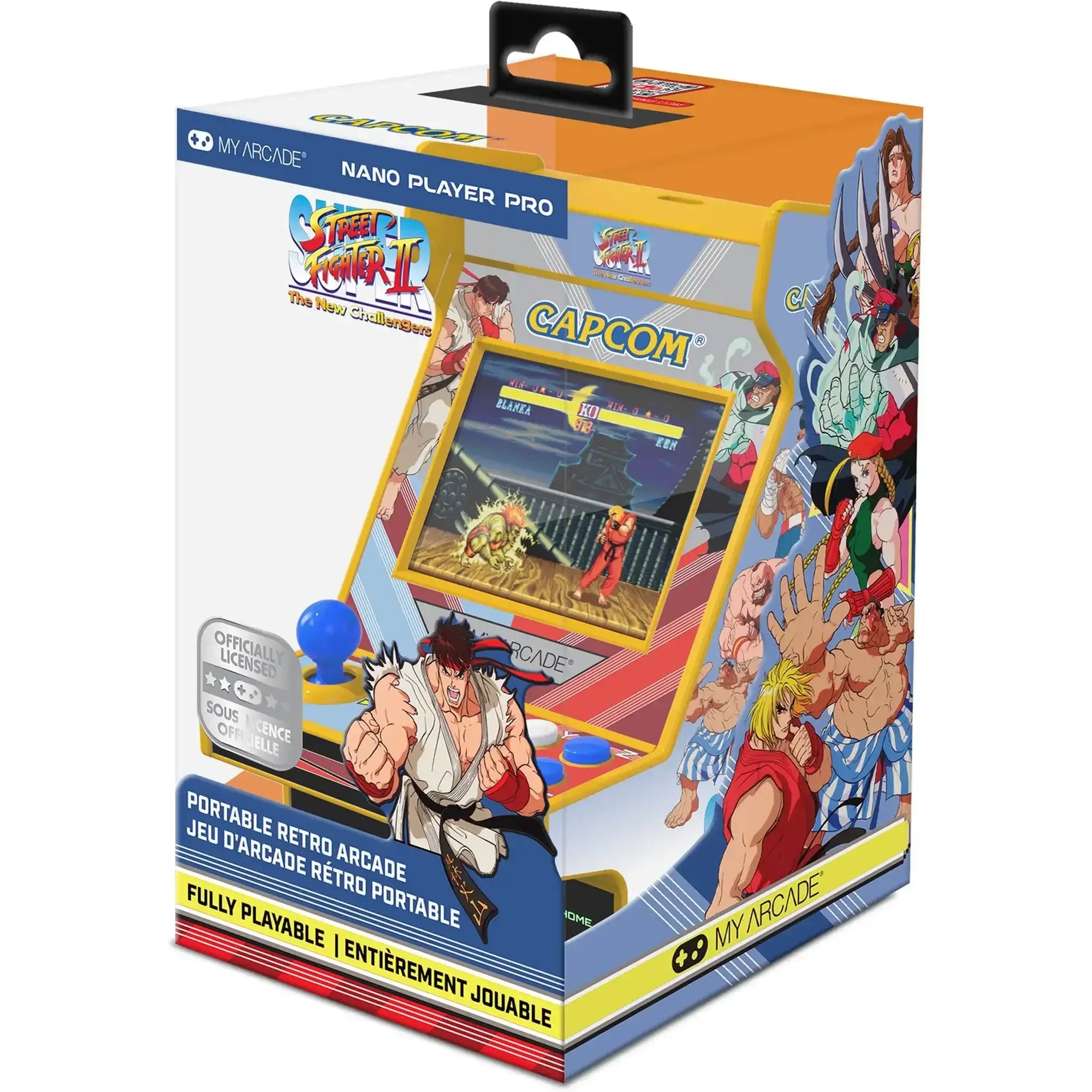 Przenośna retro konsola arcade Street Fighter II, kolorowe opakowanie z grafikami postaci i ekranem gry