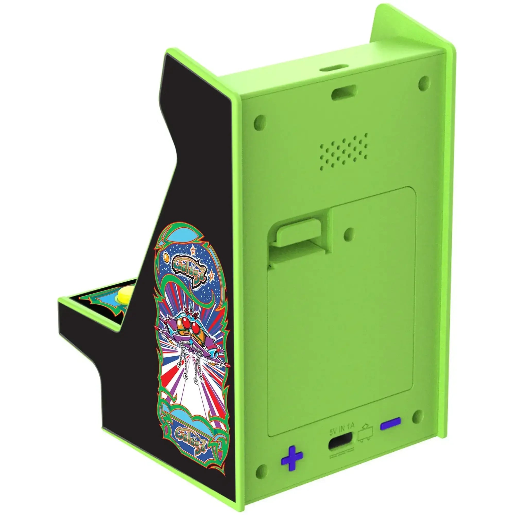 Zielona mini konsola arcade retro z kolorową grafiką Galaxian, widok z tyłu
