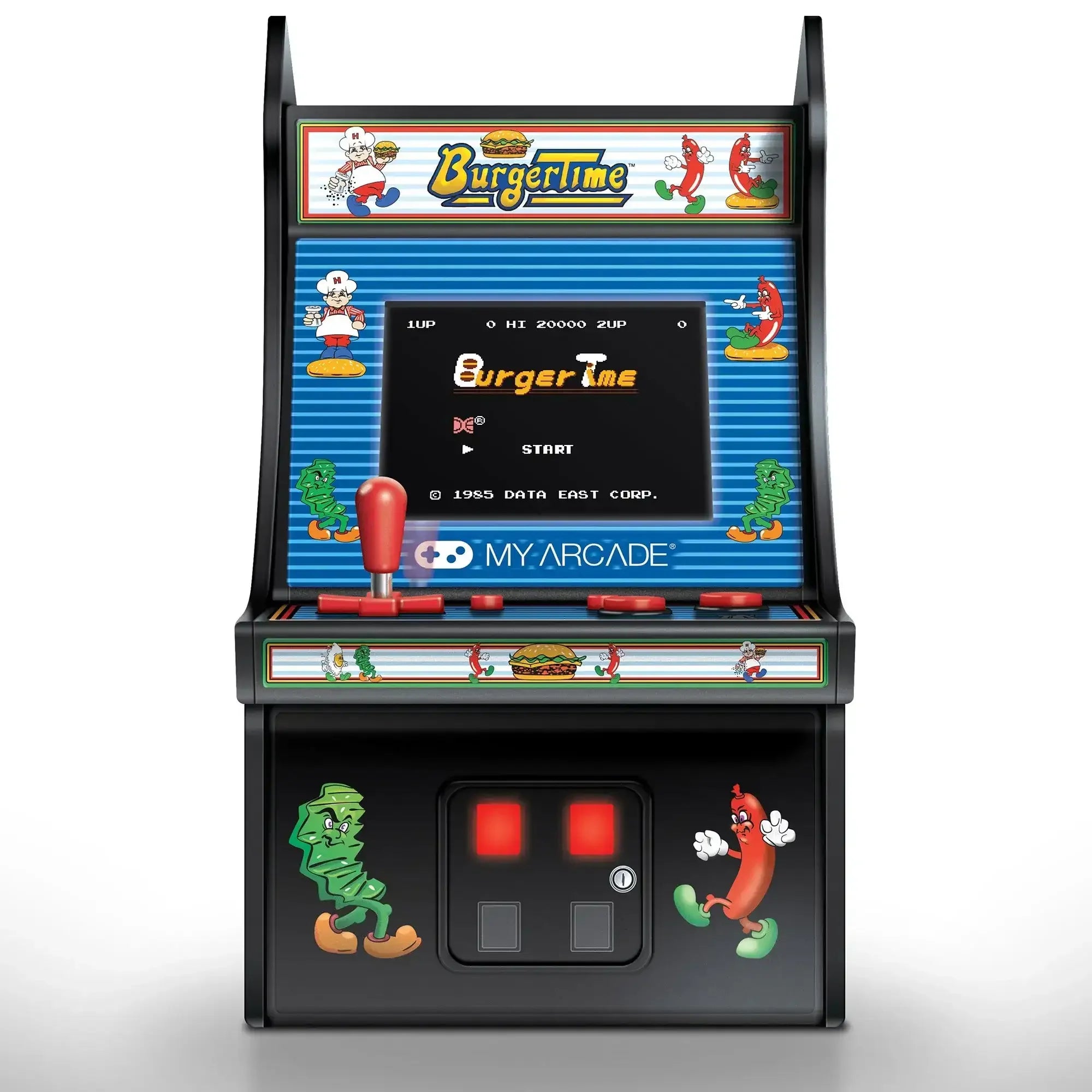 Mini automat do gier BurgerTime z kolorowym joystickiem, retro design, postacie z gry na obudowie.