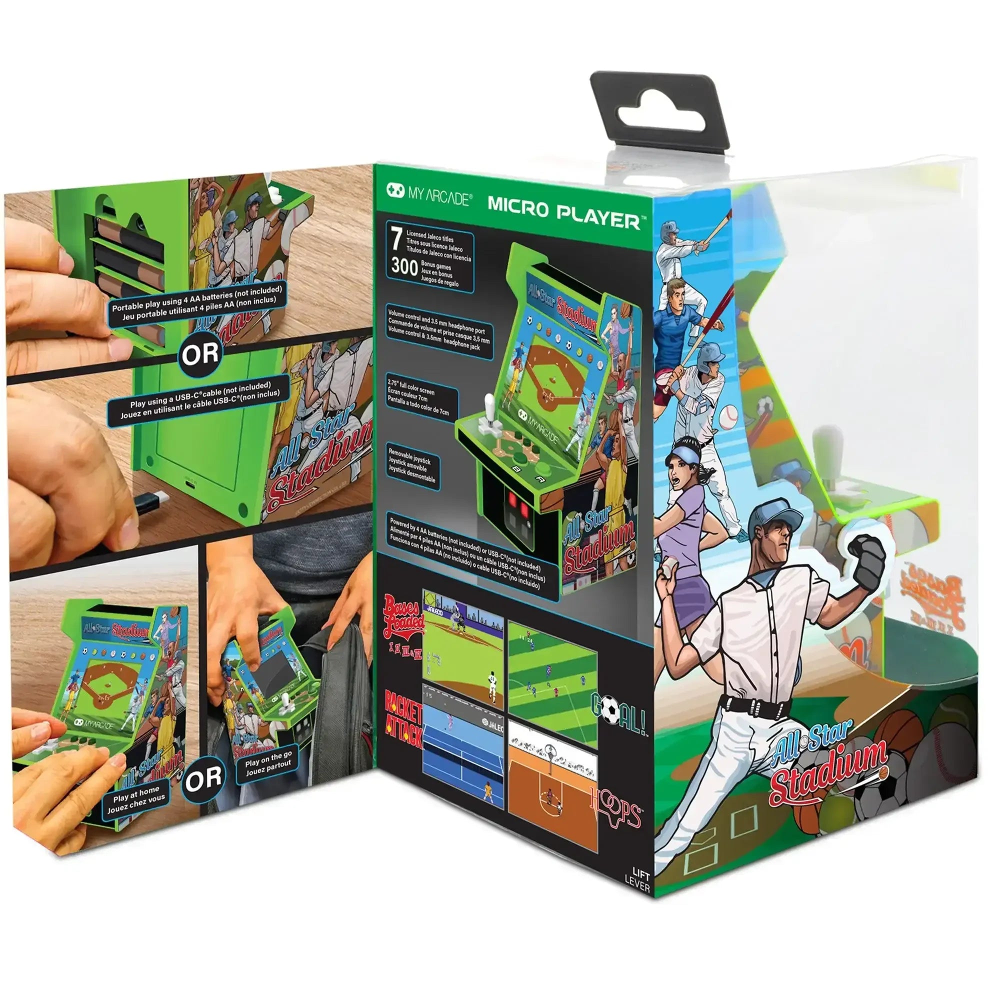 Opakowanie miniaturowej gry arcade All Star Stadium w stylu retro, motyw baseball, kolorowe ilustracje sportowe.