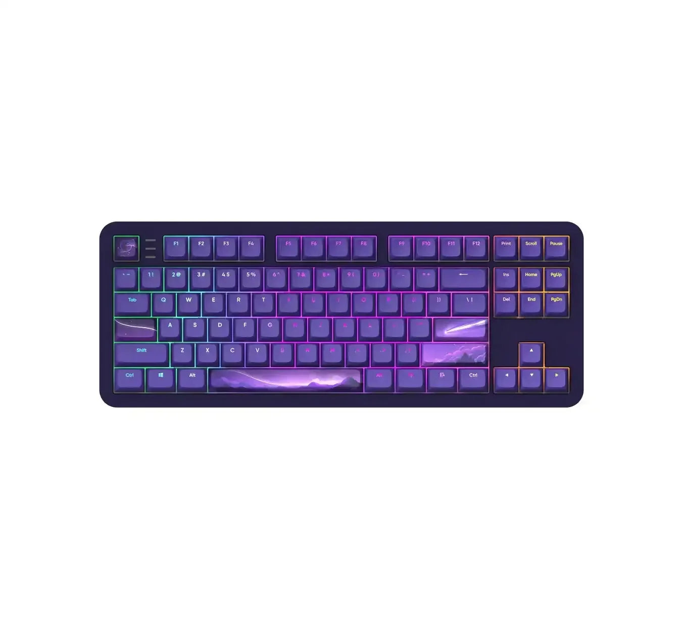 Klawiatura mechaniczna z podświetleniem RGB i fioletowymi keycapami, motyw nocny