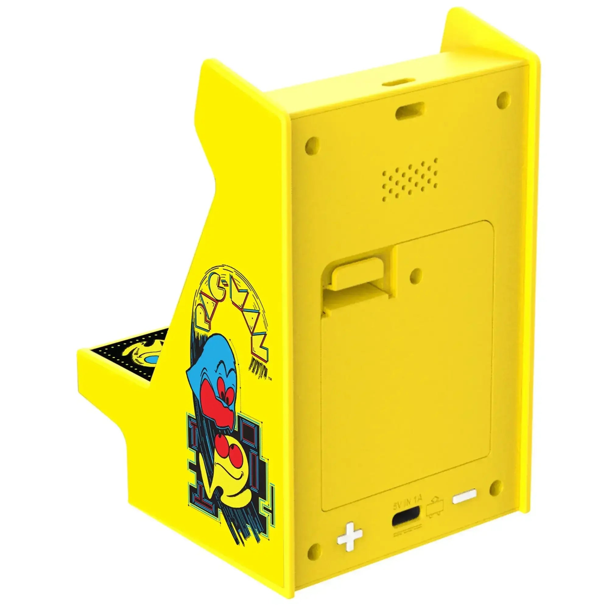 Żółty stojak na biurko w kształcie automatu z motywem retro gry Pac-Man, porty ładowania