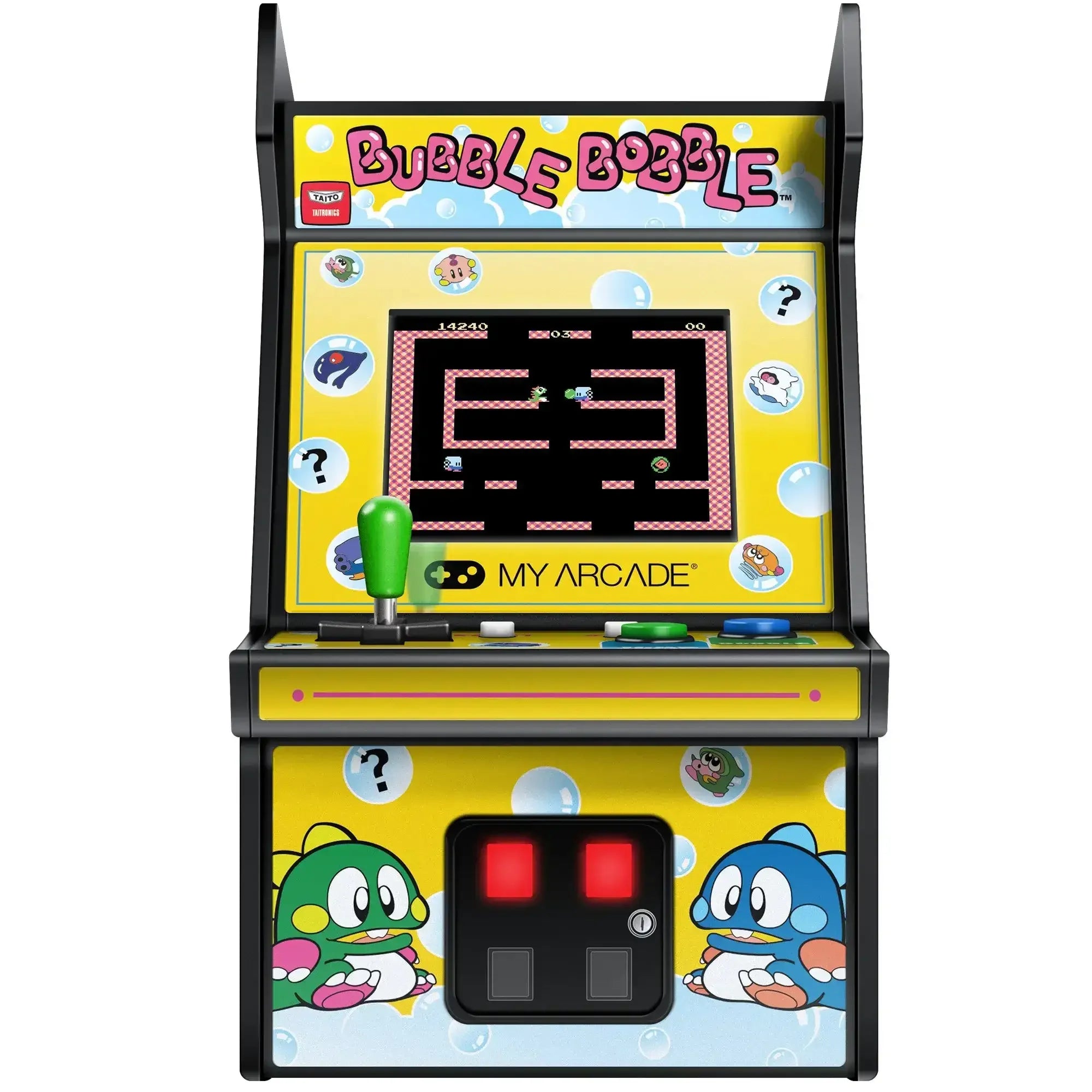 Mini automat arcade Bubble Bobble z joystickiem i kolorowymi przyciskami, motyw gry retro