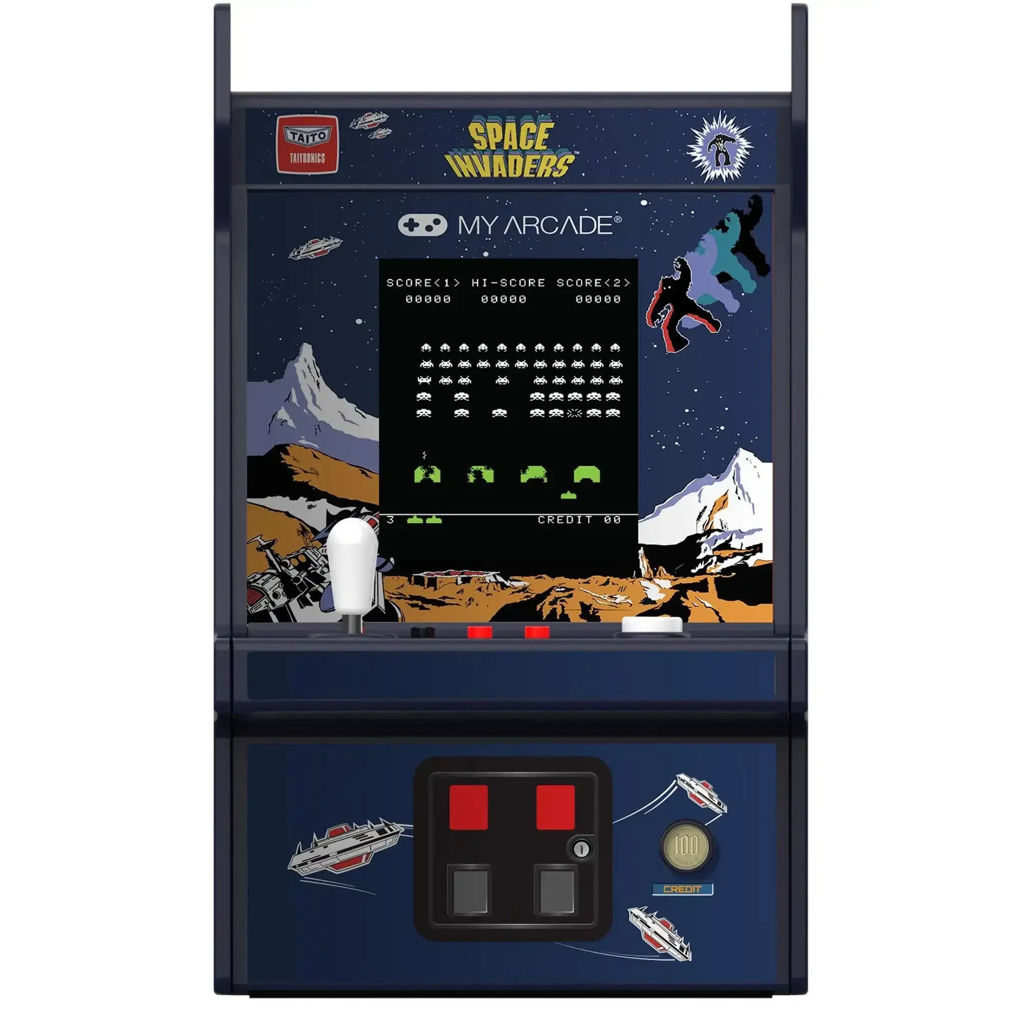 automat retro arcade do gry Space Invaders z kolorową grafiką i panelem sterowania