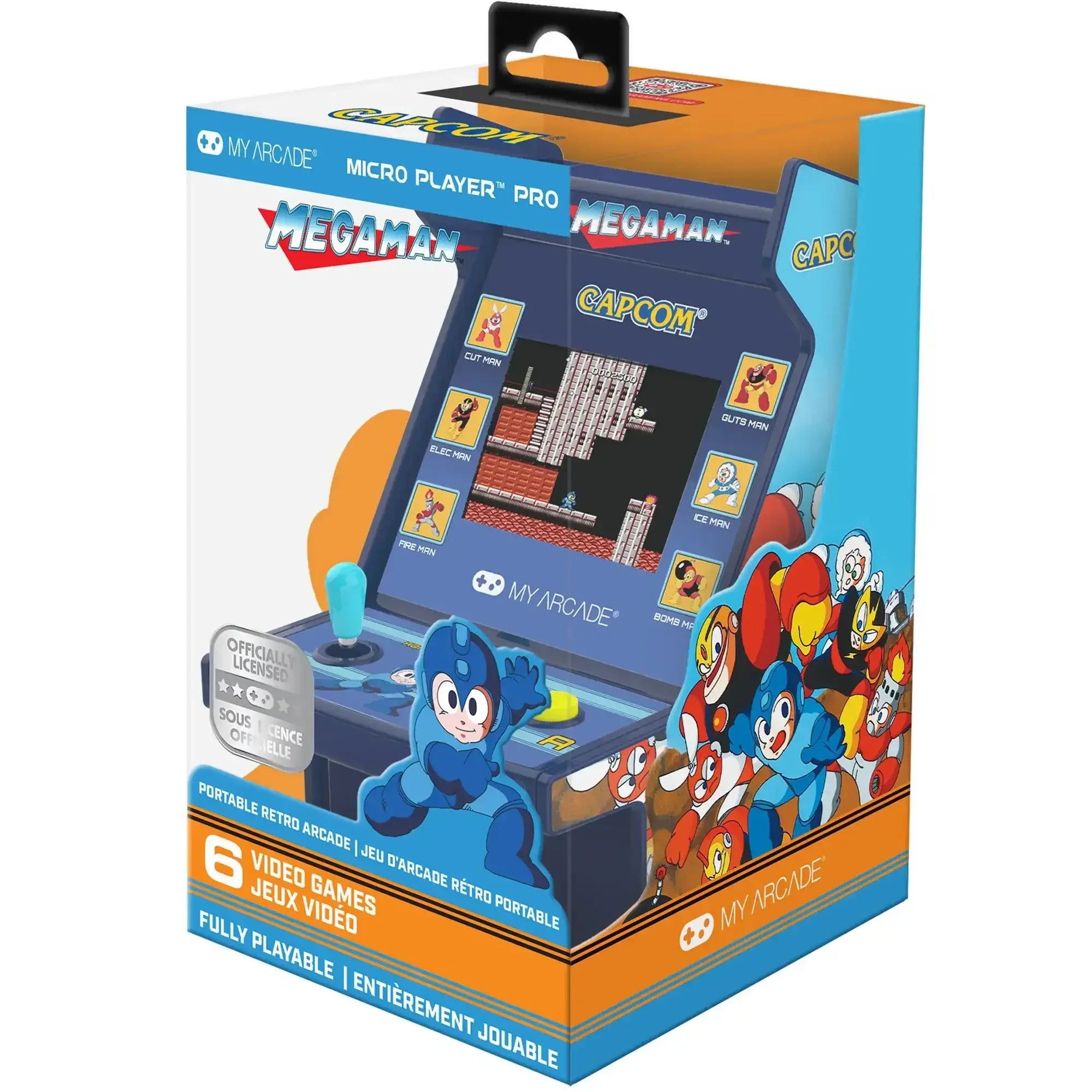 Kolorowe opakowanie retro konsoli arcade MegaMan z joystickiem i ilustracjami postaci z gry.