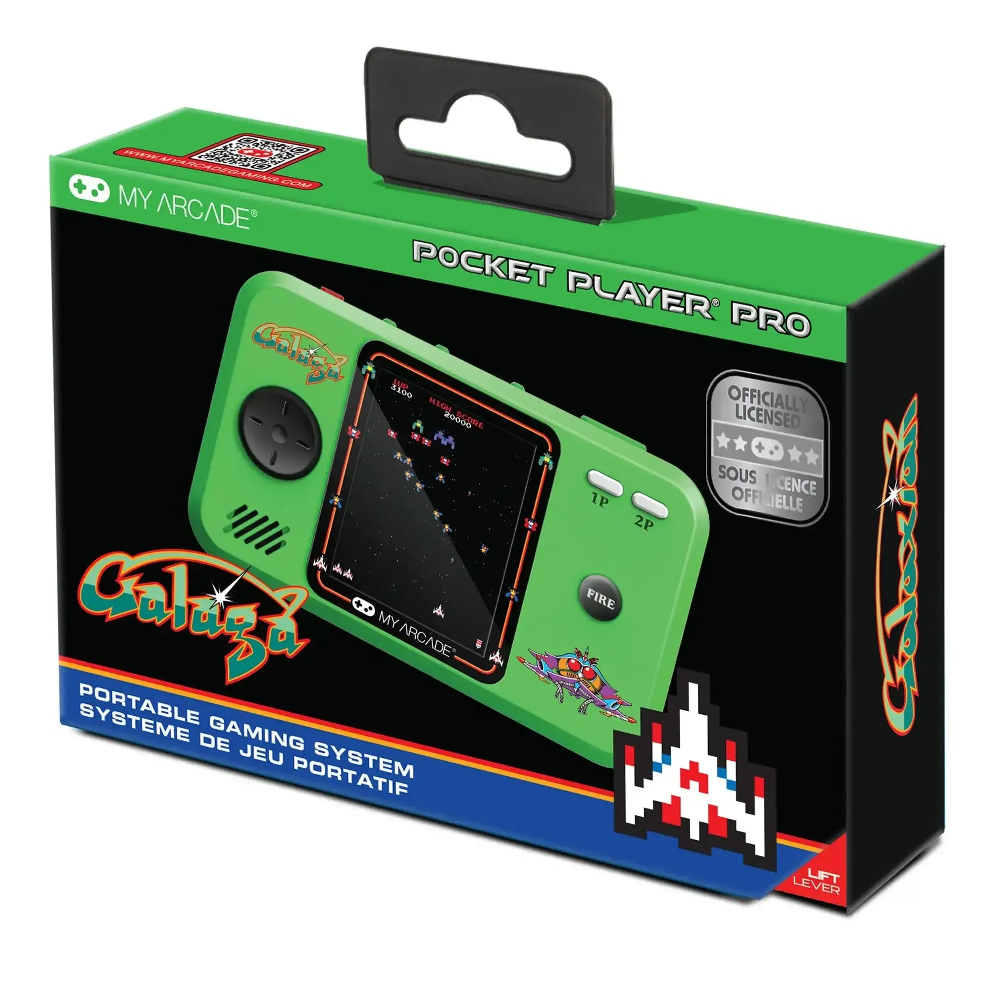 Przenośna konsola do gier My Arcade Pocket Player Pro Galaga w zielonym opakowaniu