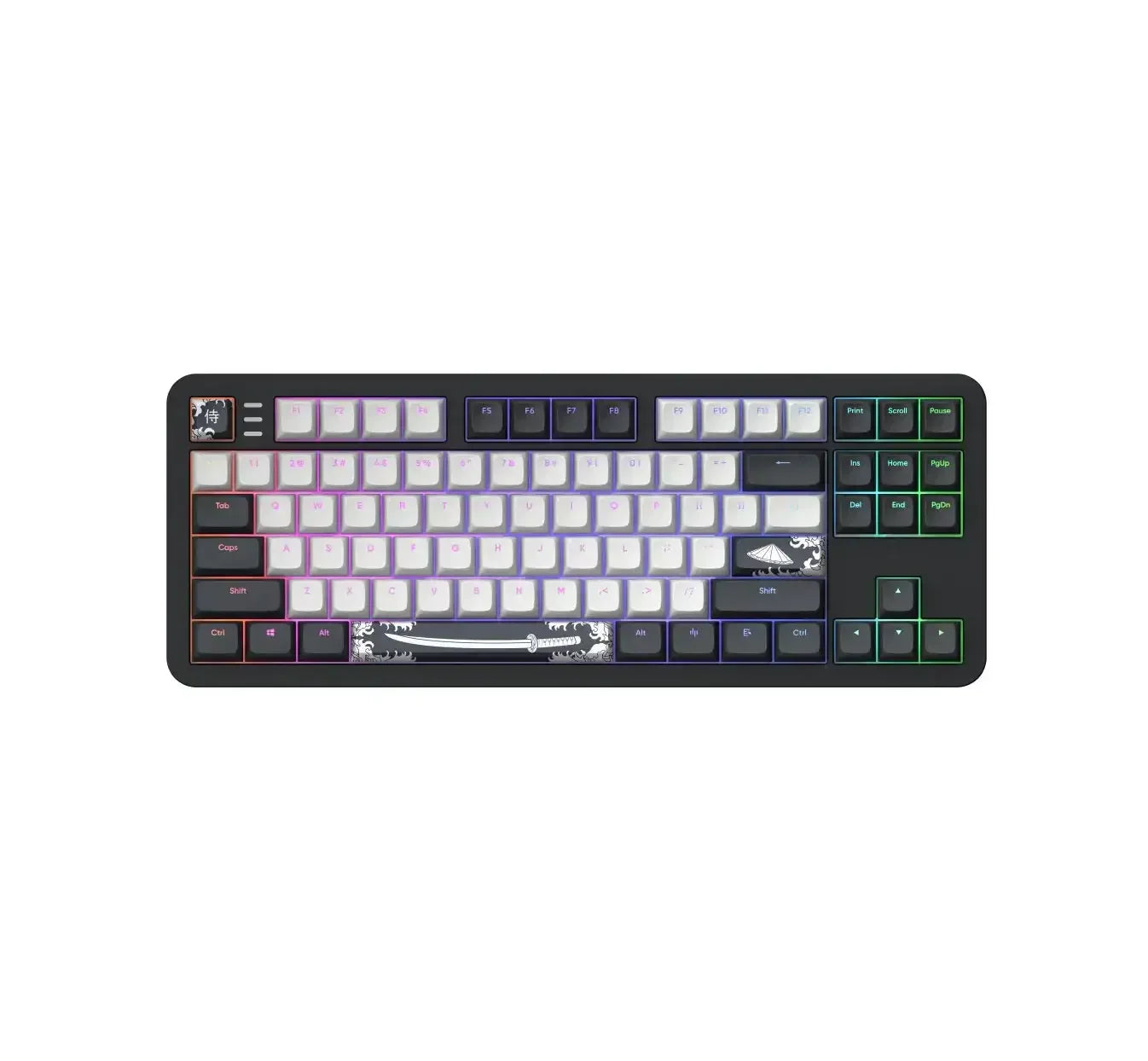 Klawiatura mechaniczna RGB z białymi i czarnymi keycapami, motywem miecza i podświetleniem.