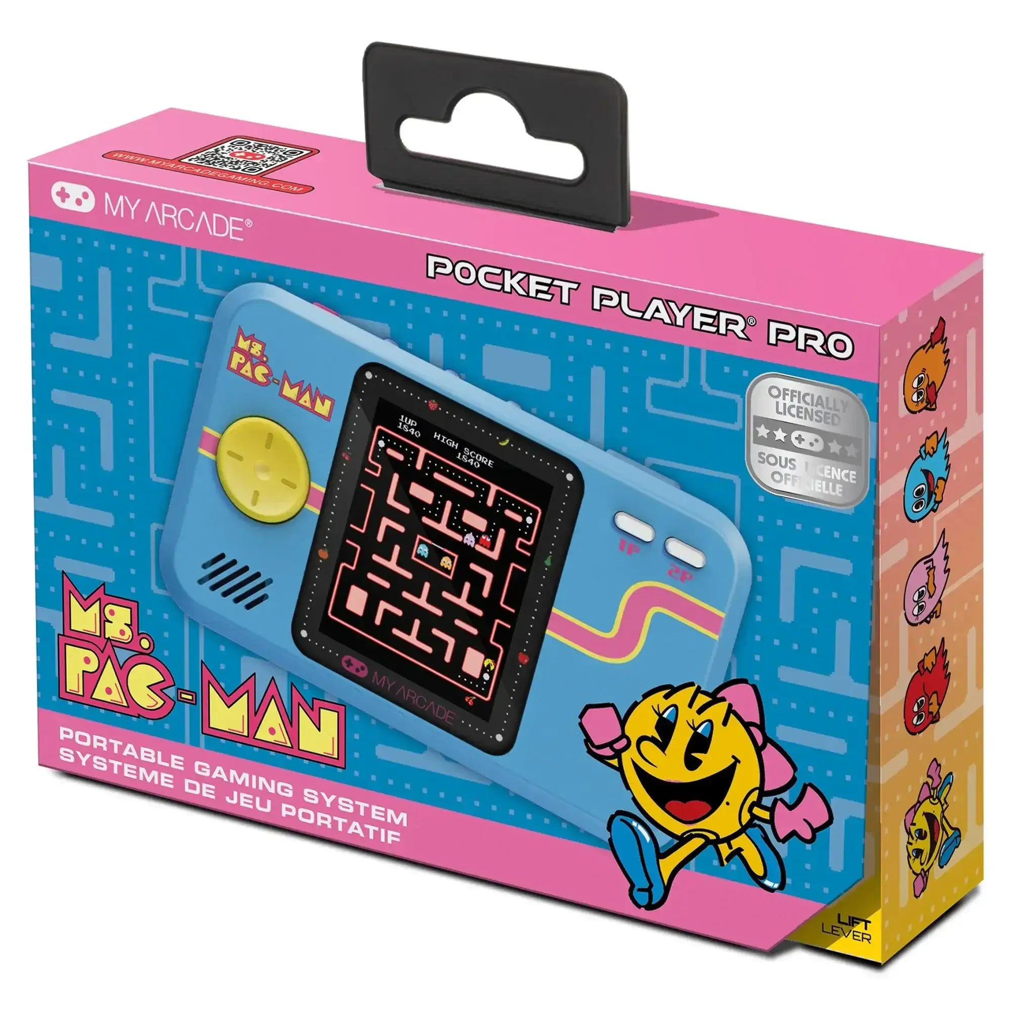 Przenośna konsola gier retro Ms. Pac-Man w niebieskim pudełku, kolorowa grafika i postać gry