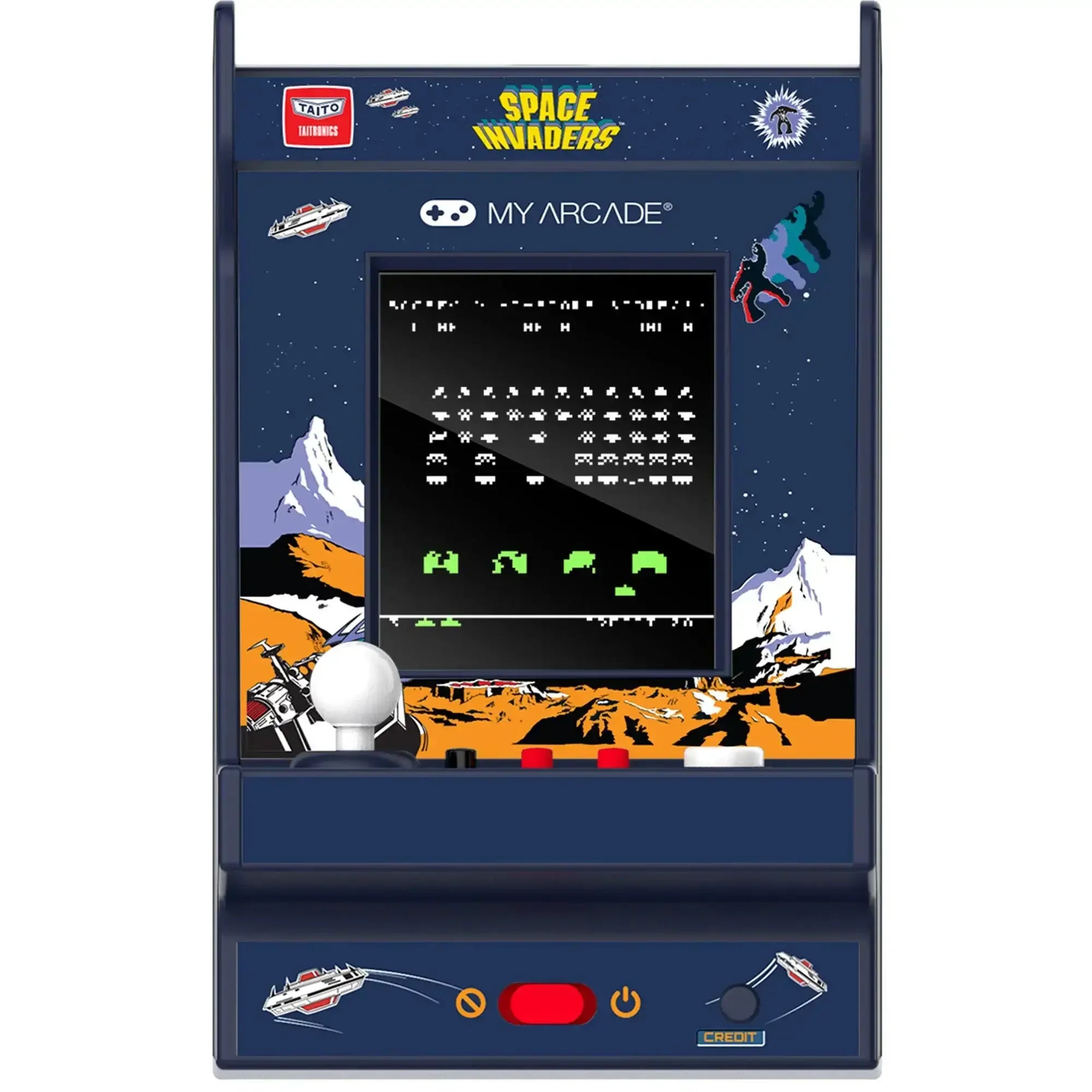 miniaturowy automat arcade Space Invaders do gier retro, joystick, kosmiczny motyw