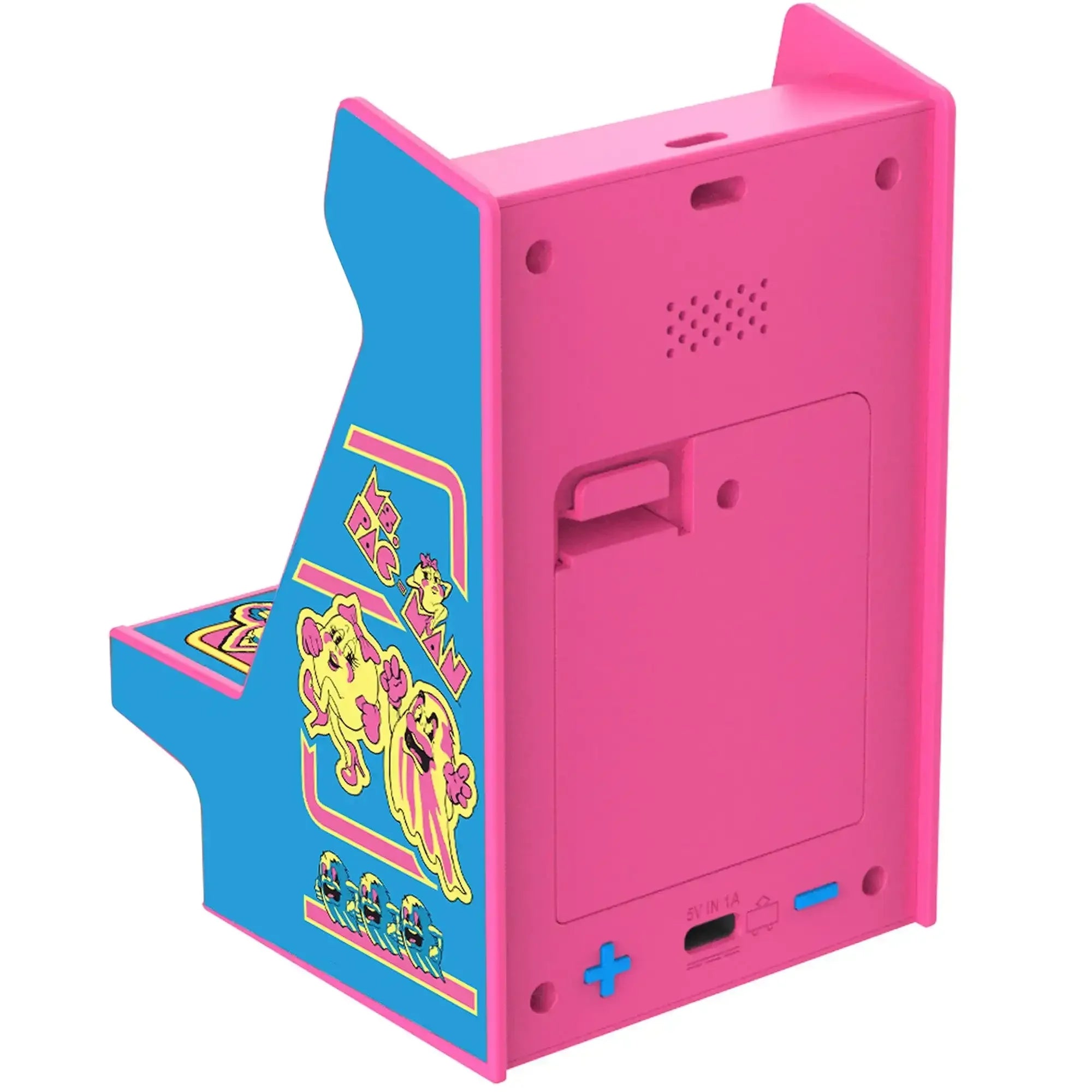 Różowa mini automat retro Ms. Pac-Man, dekoracja do biurka, kolorowe grafiki na boku