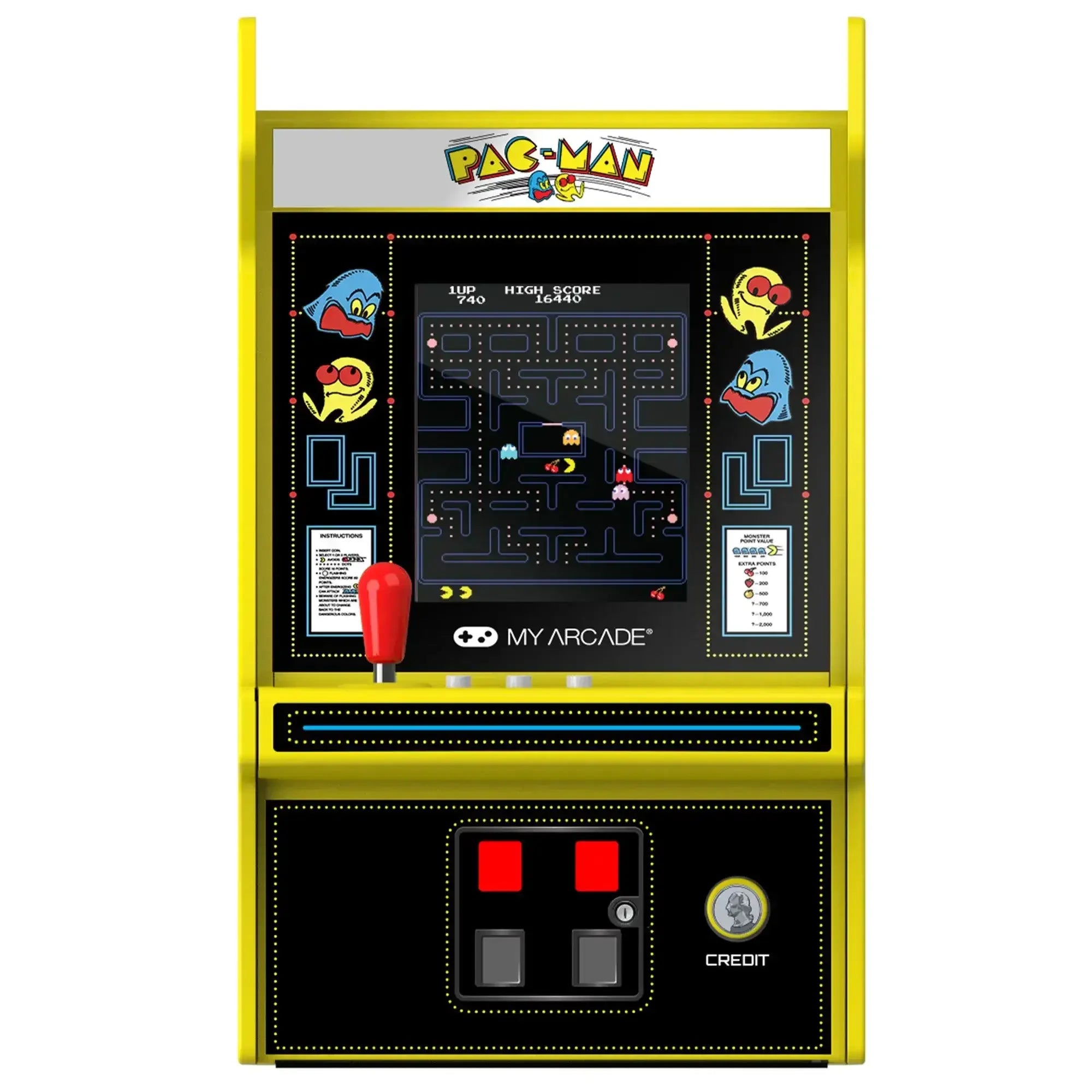 Żółty automat arcade Pac-Man z joystickiem, ekranem gry i klasycznym panelem sterowania.