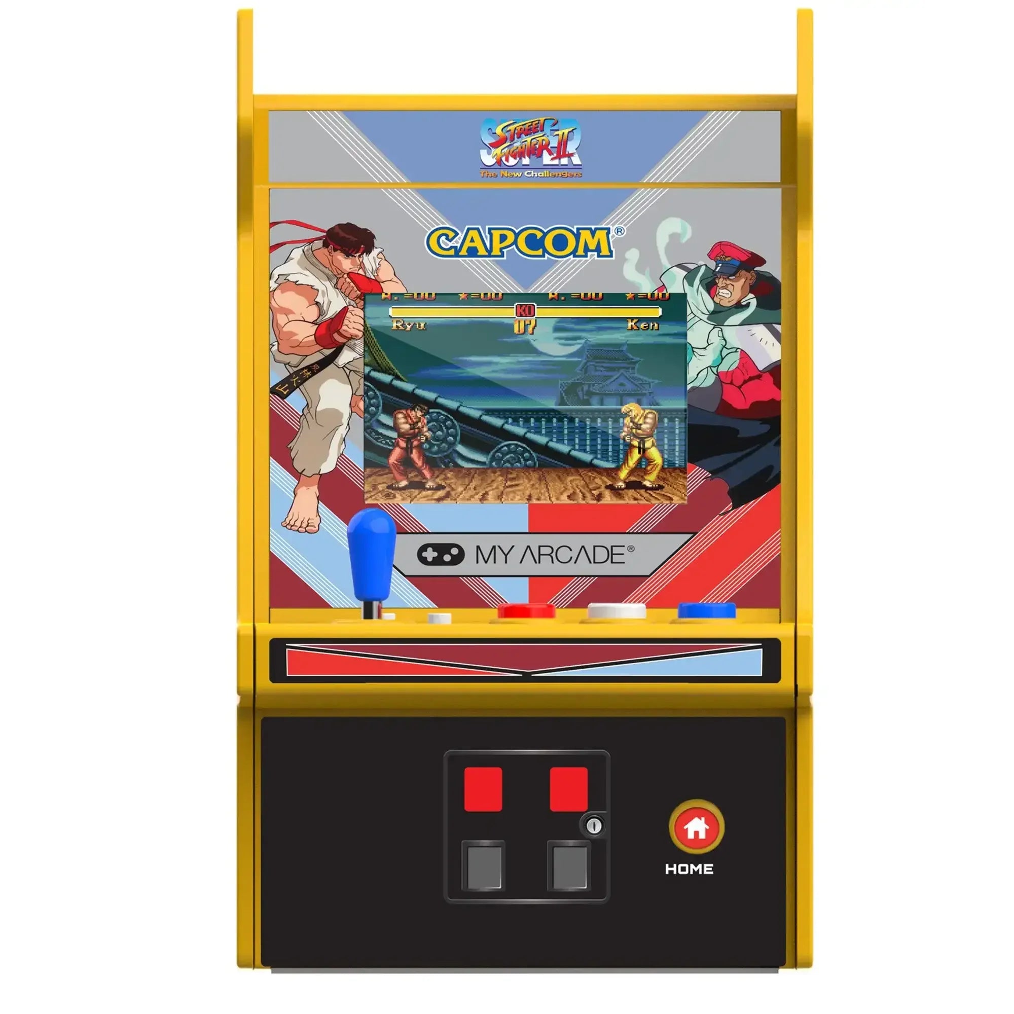 Mini automat arcade retro z grą Street Fighter, kolorowy joystick, ekran LCD, motyw Capcom