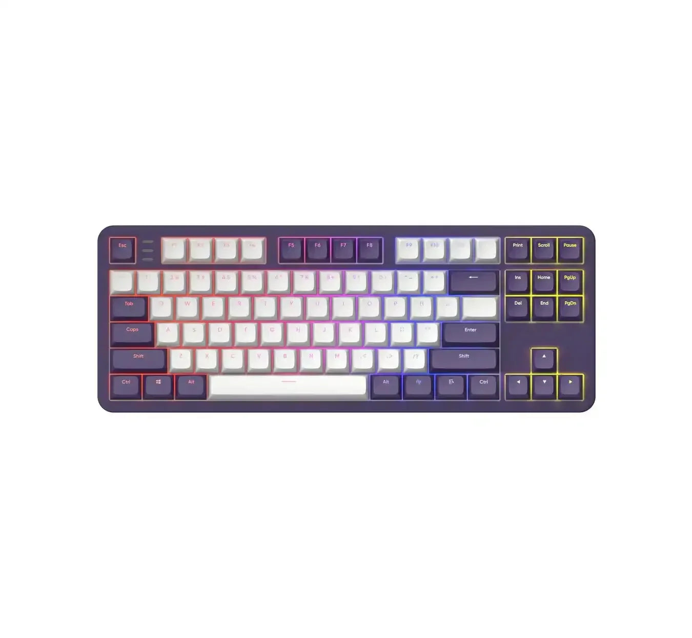 Klawiatura mechaniczna RGB, białe i fioletowe keycapy, personalizacja biura