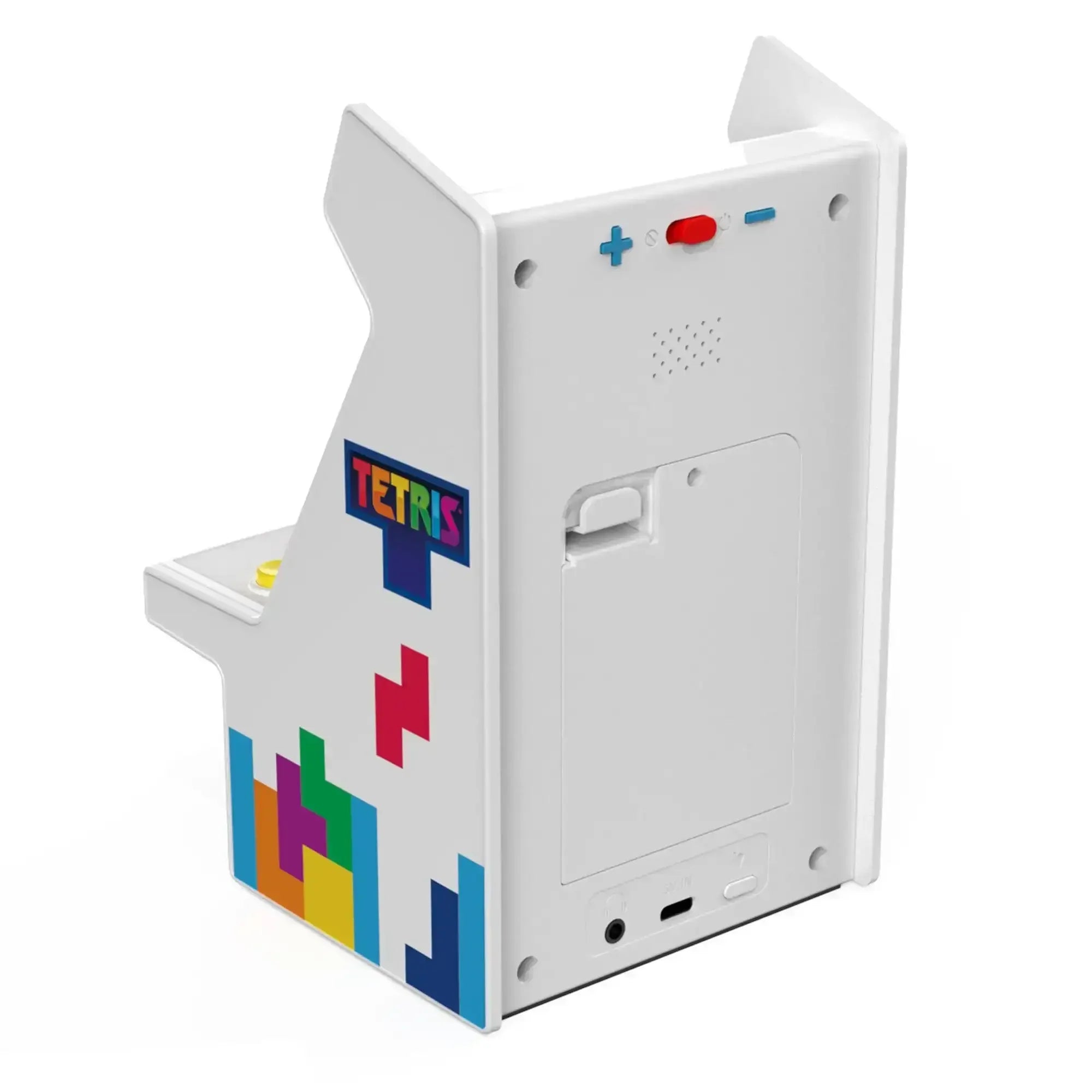 Biała mini konsola arcade Tetris z kolorowymi klockami, idealna do biura lub domu