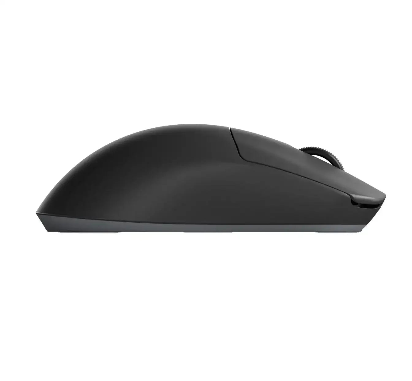 Czarna mysz bezprzewodowa do biura i gamingu, widok z boku, minimalistyczny design
