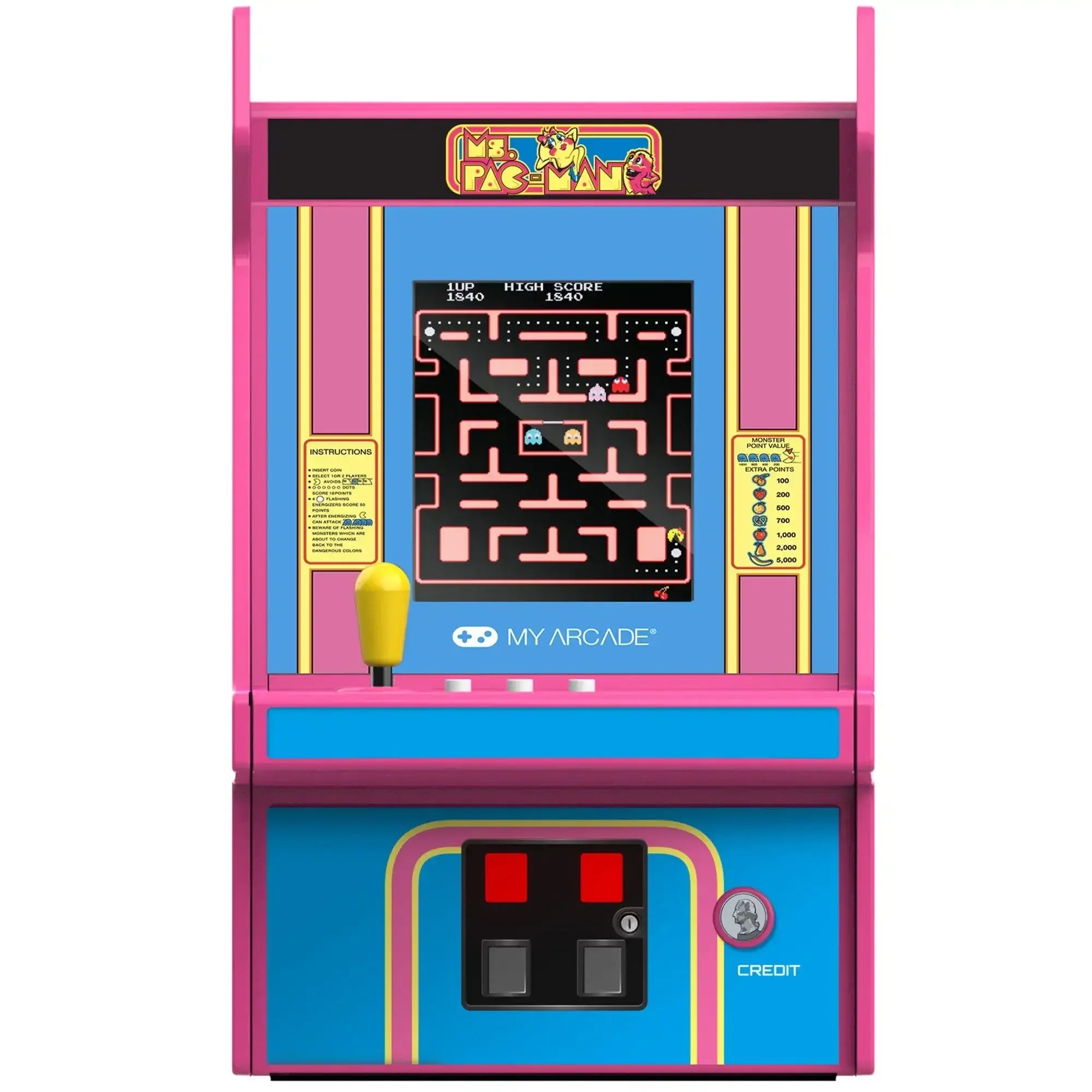 kolorowy automat do gry retro Ms. Pac-Man, żółty joystick, pikselowa plansza gry