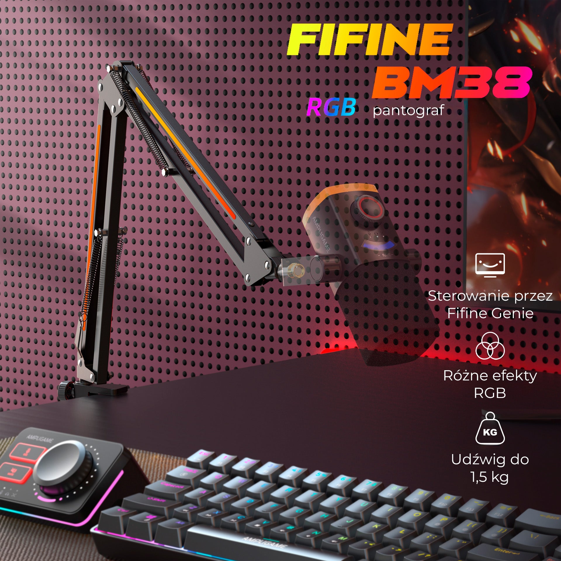 Fifine - AmpliGame - BM38 RGB Microphone Boom Arm Stand - Statyw Biurkowy do Mikrofonu