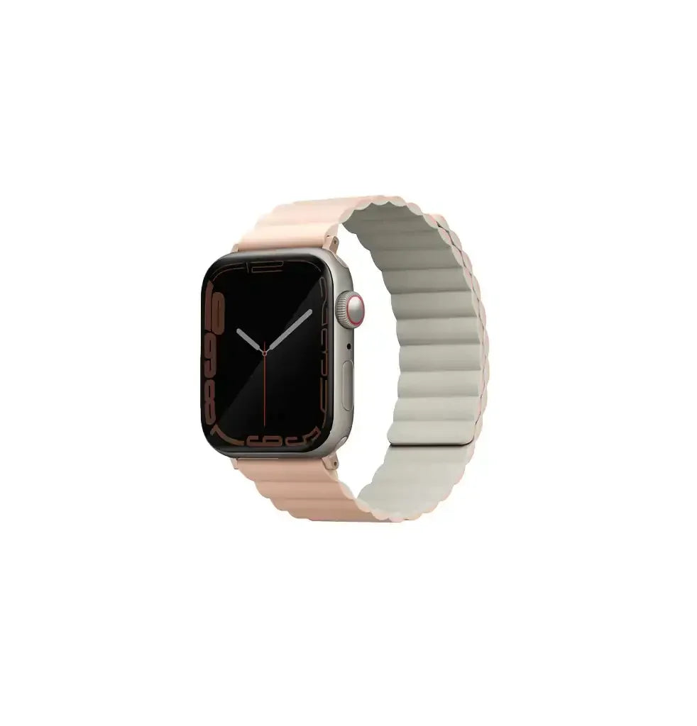 Smartwatch z różowo-beżowym paskiem, nowoczesny zegarek do biura i home office