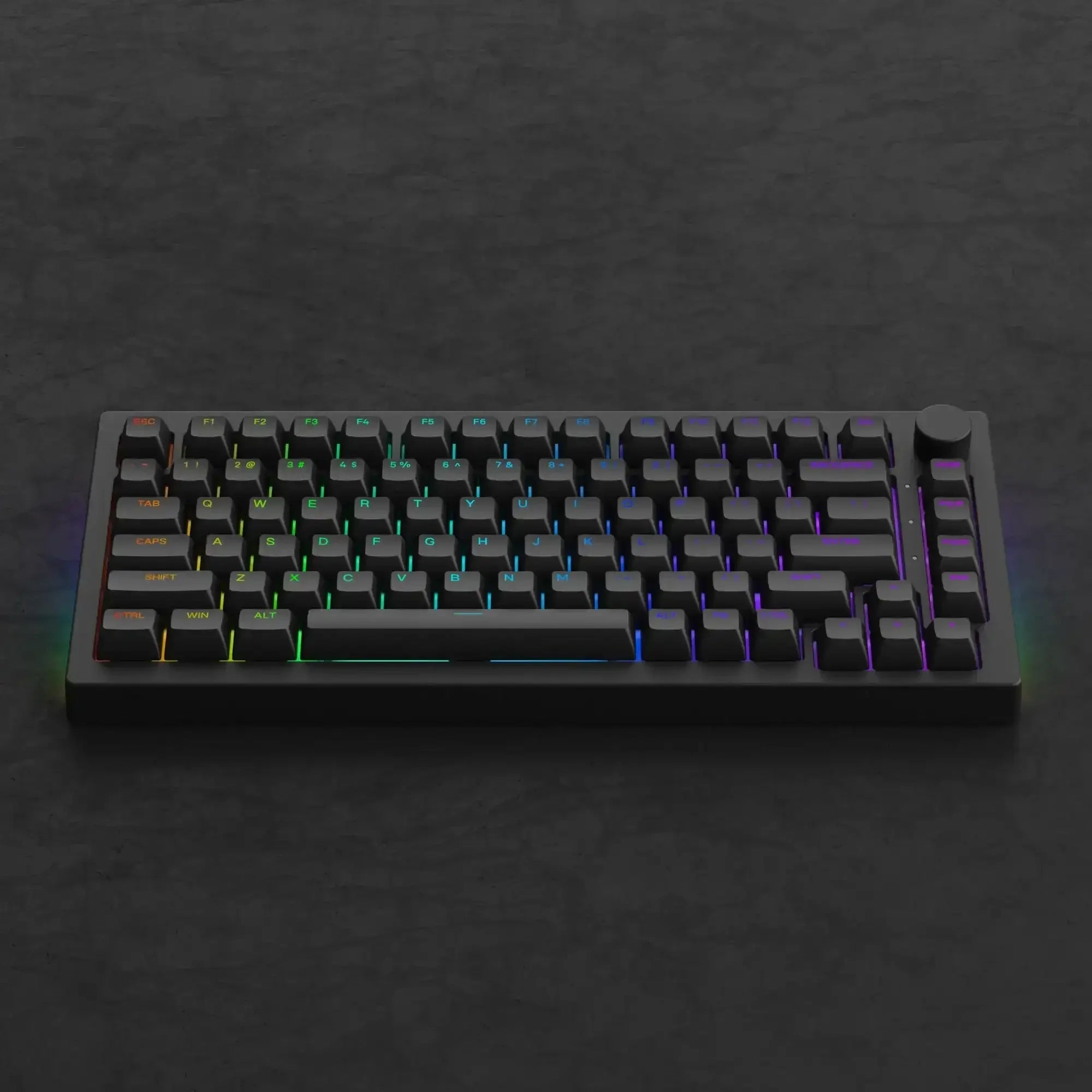 Czarna klawiatura mechaniczna RGB z podświetleniem i pokrętłem na ciemnym tle