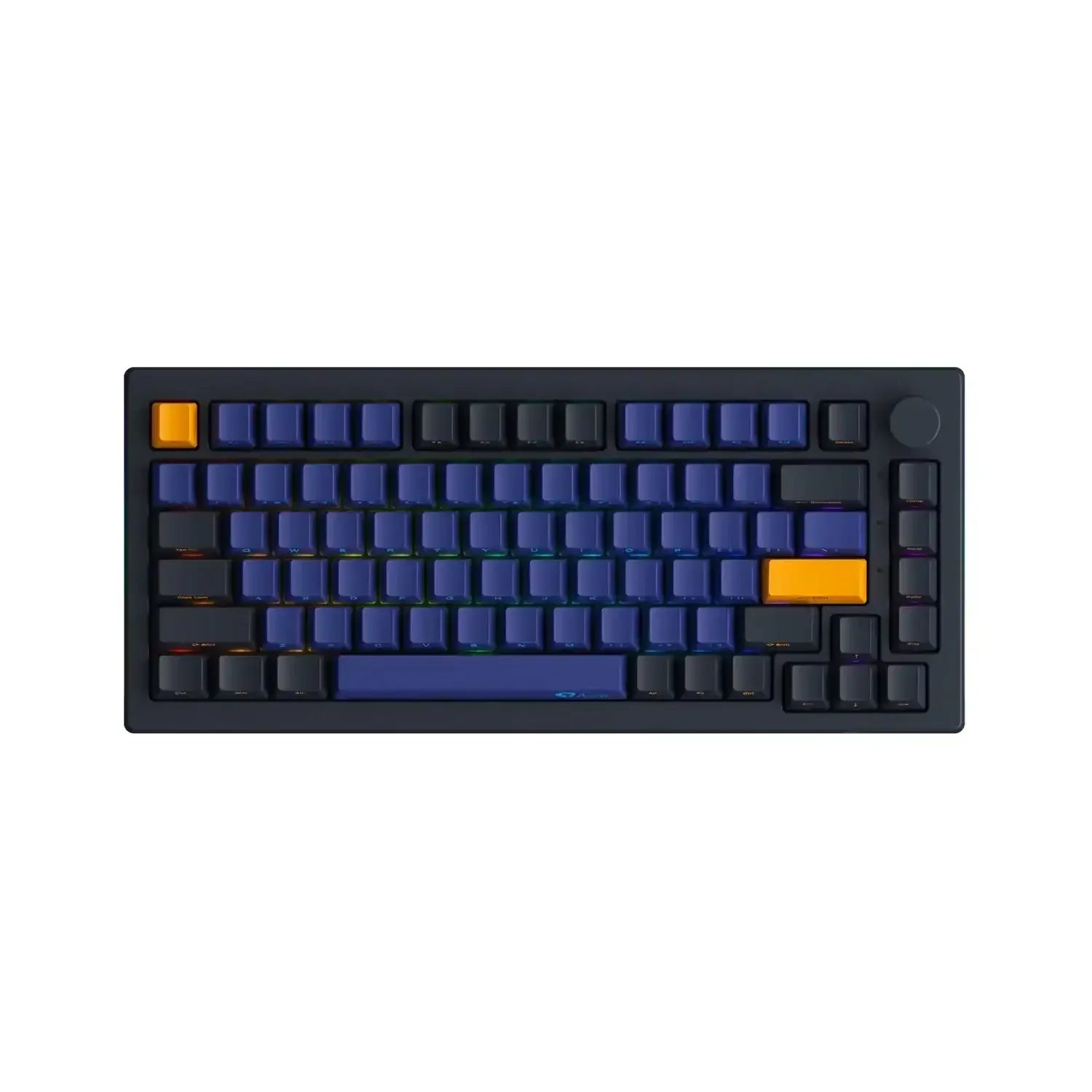 mechaniczna klawiatura RGB z granatowymi i pomarańczowymi keycapami, minimalistyczny design