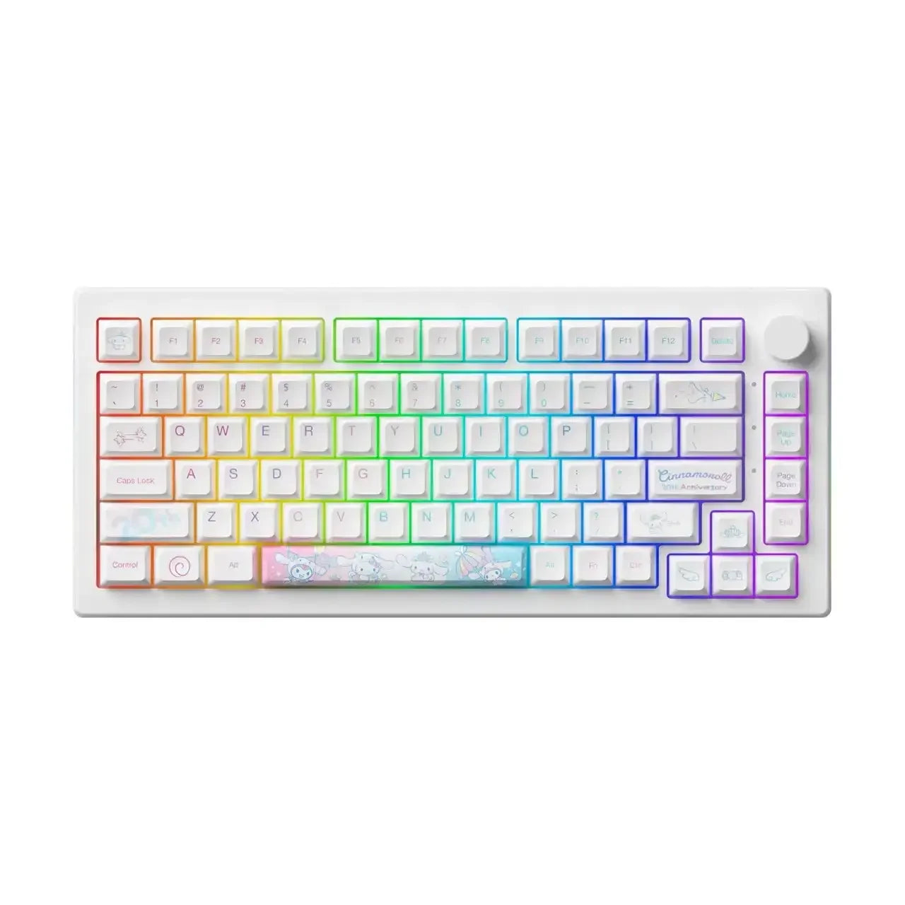 Biała klawiatura mechaniczna RGB z pastelowymi keycapami i motywem Cinnamoroll.